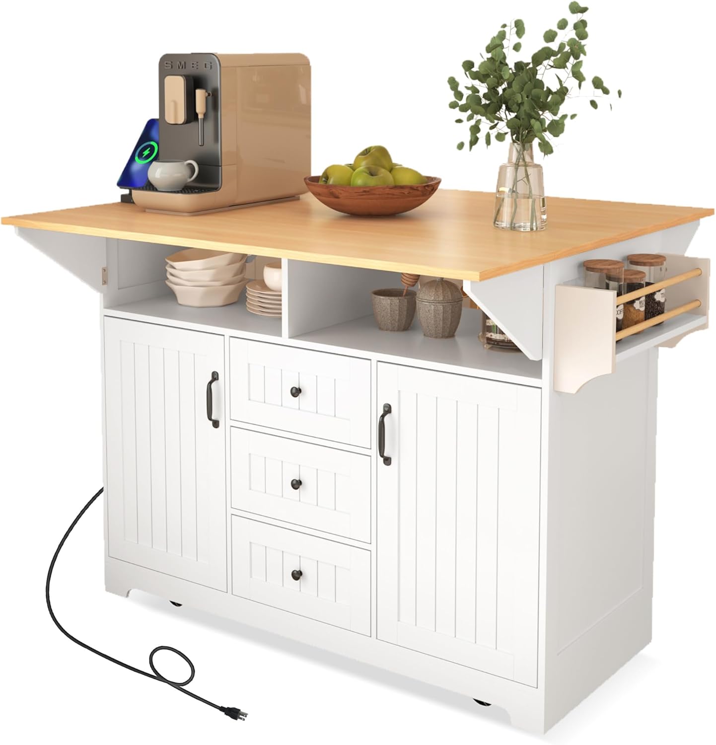 Kitchen Island On Wheels with Power Outlets, Rolling Kitchen Island Cart with Drop Leaf Countertop, Barn Door Kitchen Island Table with Storage Cabinet and Tower Rack for Kitchen, White