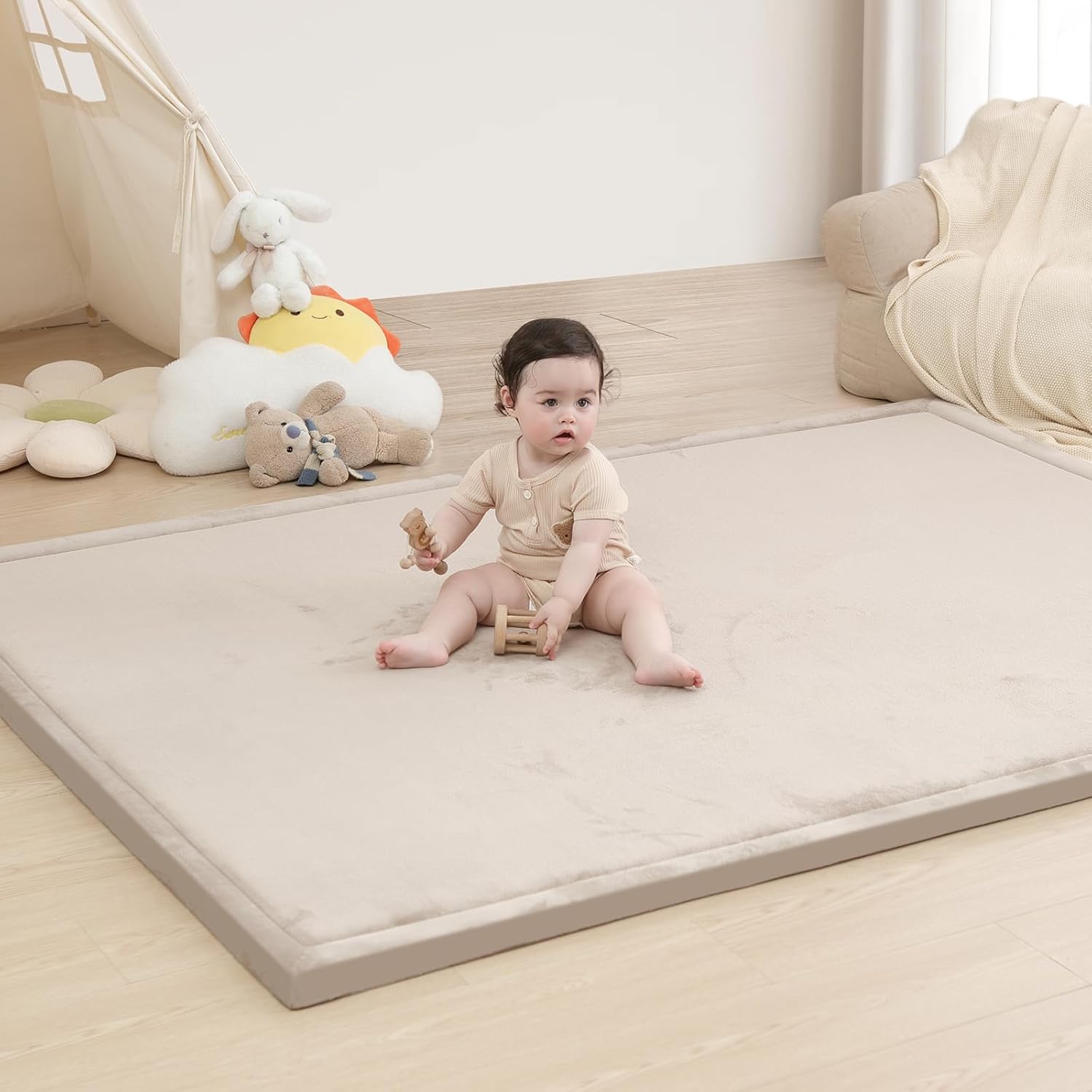 Baby Play Mat for Floor,1.3″ Thick Memory foam Tummy Time Mat,Soft Coral Velvet Nursery Rug,Extra Large Non Slip Crawling Mat for Toddlers,Infants,kids,Yoga Mat,Tatami Mat for Living Room(Beige)