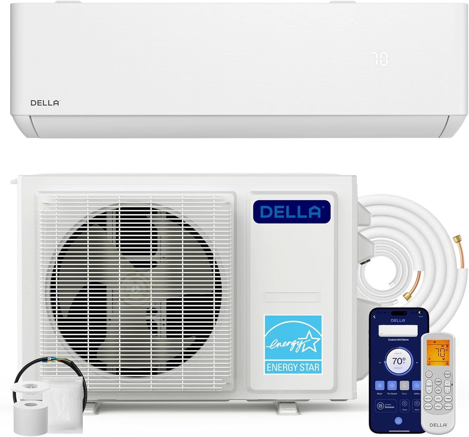 DELLA 12,000 BTU Wifi Mini Split AC, Work with Alexa,Energy Star 208/230V 23 SEER2 Cools Up to 550 Sq.Ft Inverter Air Conditioner w/1 Ton Pre-Charged Heat Pump & 16.4ft Installation Kits