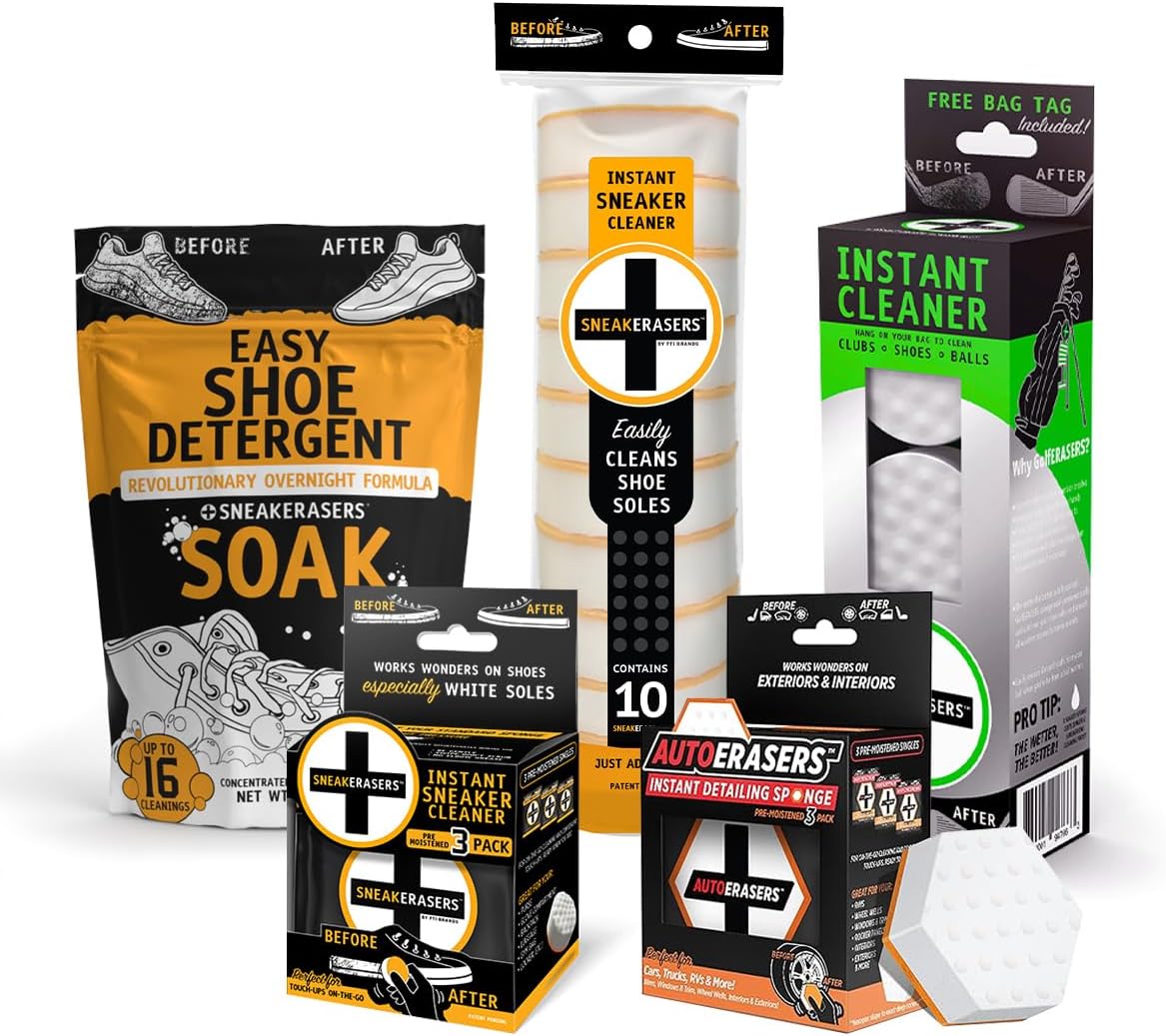 SneakERASERS Instant Sole and Sneaker Cleaner, Overnight Soak, Pre-Moistened, AutoERASERS, GolfERASERS