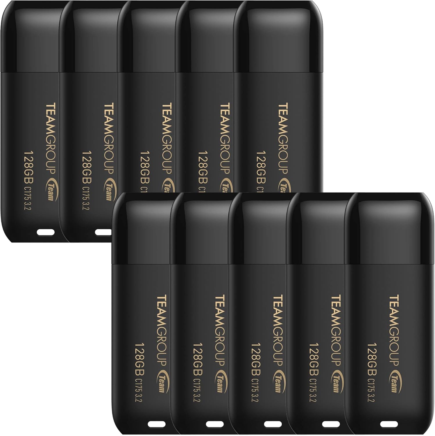 TEAMGROUP C175 128GB 10 Pack USB 3.2 Gen 1 (USB 3.1/3.0) Read 100MB/s Flash Thumb Drive, External Data Storage Memory Stick Compatible with Computer/Laptop Matte Black TC1753128GB23