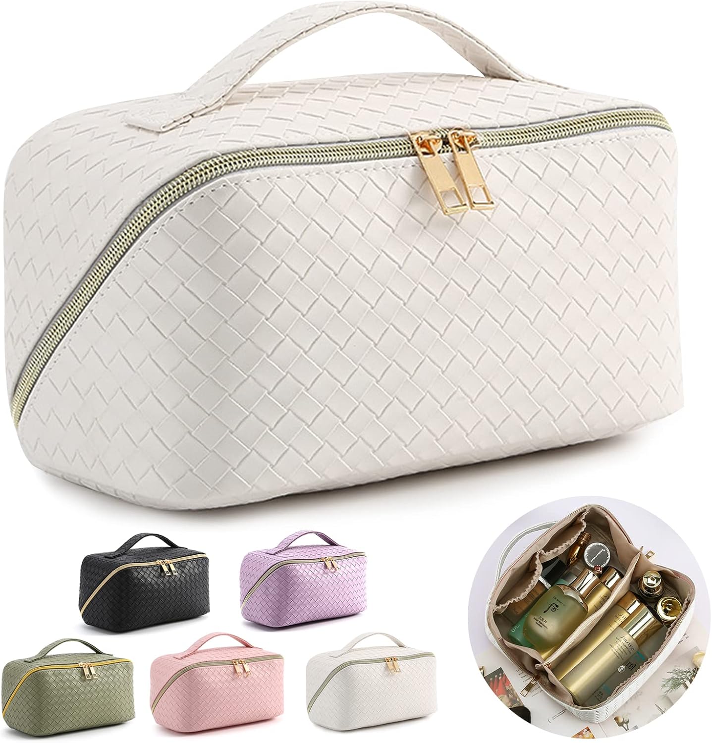 MINGRI Large Capacity Travel Cosmetic Bag for Women,Portable PU Leather Checkered Makeup Bag Water Resistant,Flat Open Multifunctional Storage Toiletry Bag with Divider and Handle (Woven-White)