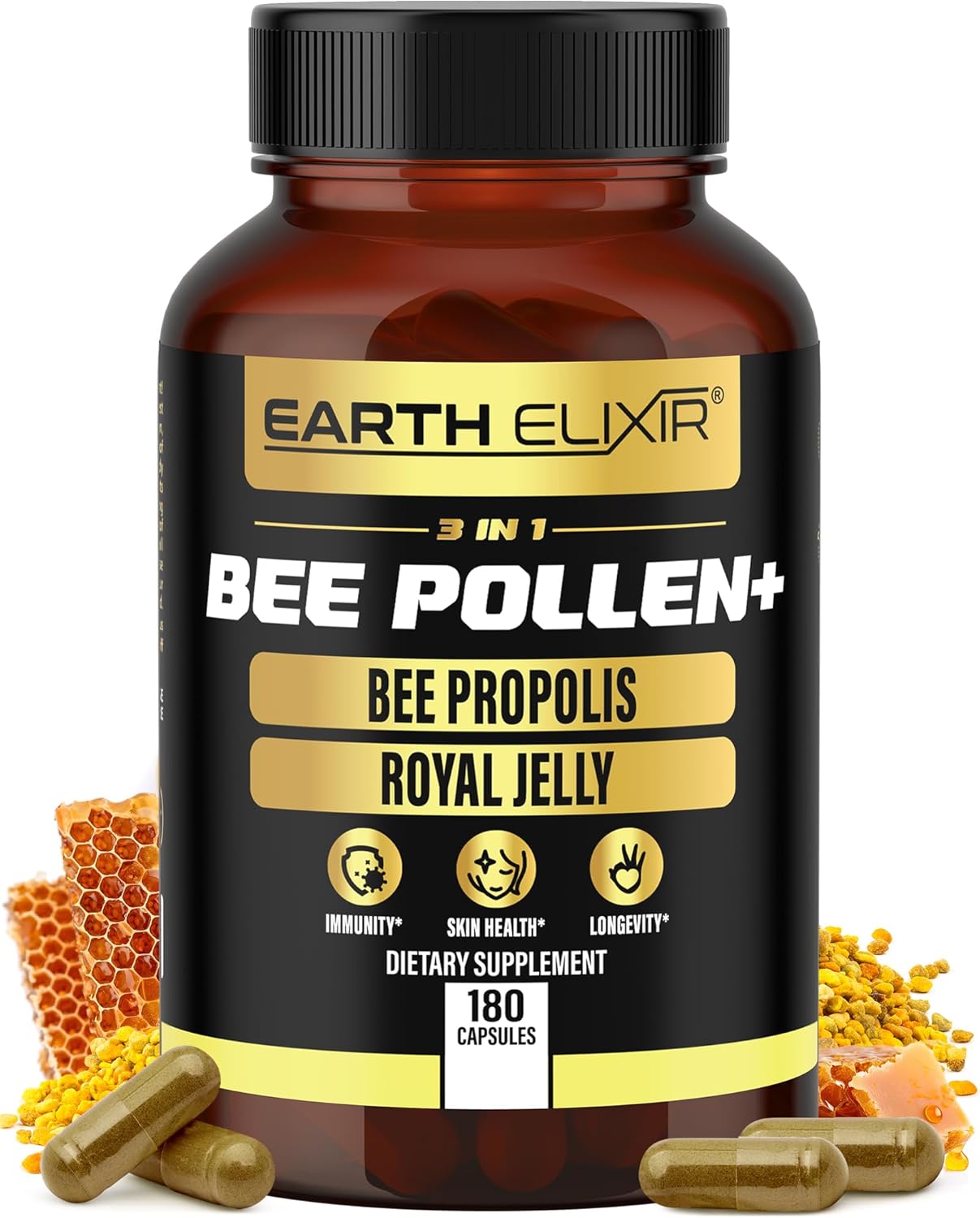 3-in-1 Bee Pollen Organic 840mg (180 Caps) W/ 840mg Bee Propolis Capsule & 840mg Royal Jelly Capsule – 3rd Party Tested – Bee Pollen Supplement – Organic Bee Pollen Capsule -No Fillers