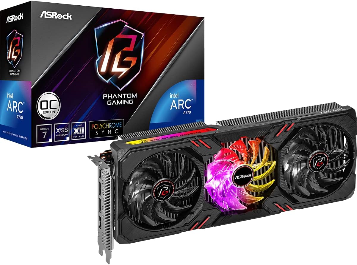 ASRock Intel Arc A770 Graphics Phantom Gaming 16G OC 2200 MHz 17.5 Gbps 256-bit GDDR6 7680×4320 DisplayPort HDMI 0dB Silent Cooling Video Card