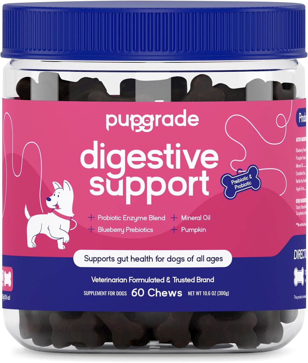 PupGrade Digestive Support Chews for Dogs – Prebiotic and Probiotic Supplement with Enzyme Blend – Upset Stomach, Diarrhea, Bowel, and Immune Support – Pumpkin, Blueberry, Mineral Oil – 60 Soft Chews