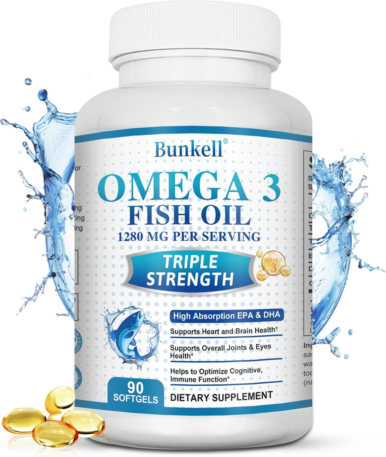 Omega 3 Fish Oil, Triple Strength Fish Oil Supplement | 1280mg of Omega 3 Fatty Acid | EPA 650mg + DHA 450mg | Burpless Fish Oil for Healthy Heart, Brain & Immune Support, 90 Softgels