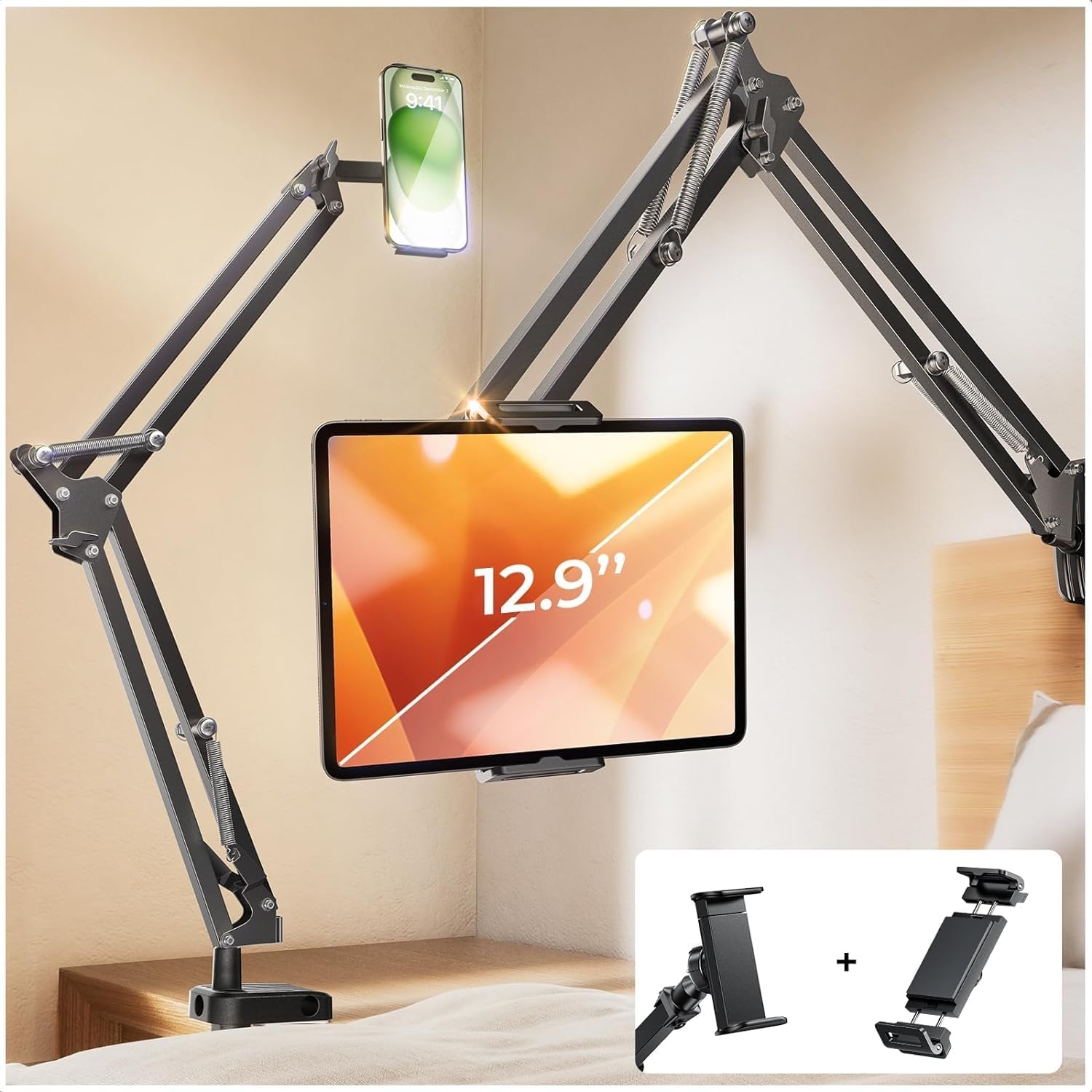 LISEN Tablet Stand Phone Holder iPad Holder for Desk Mount[Ultra Sturdy] 2 Clamps Kindle Holder for Bed Gooseneck Phone Tablet Holder Mount Phone Stand fits iPhone iPad Mini 7 Kindle 4-13″ Device