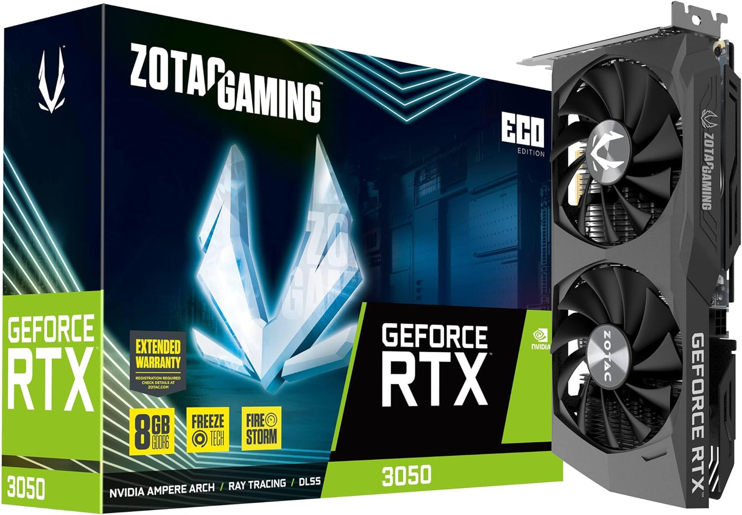 ZOTAC Gaming GeForce RTX 3050 ECO Edition 8GB GDDR6 128-bit 14 Gbps PCIE 4.0 Gaming Graphics Card, Active Fan Control, Freeze Fan Stop, ZT-A30500K-10M