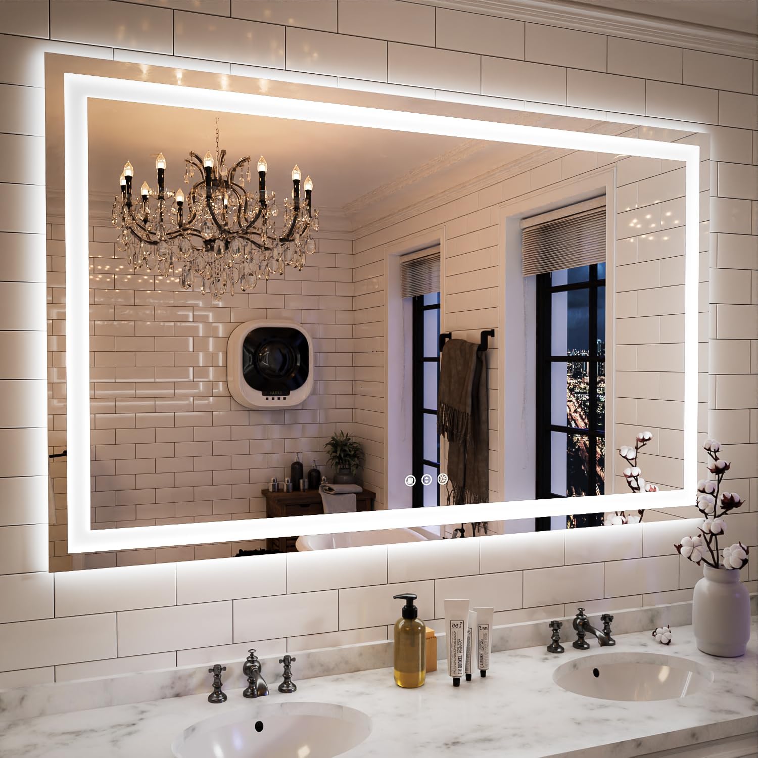 ISKM 55”x36” LED Bathroom Mirror with Front and Backlit Lighted Bathroom Vanity Mirror for Wall Large Dimmable Wall Mirrors with Anti-Fog, Memory Function, 3 Colors