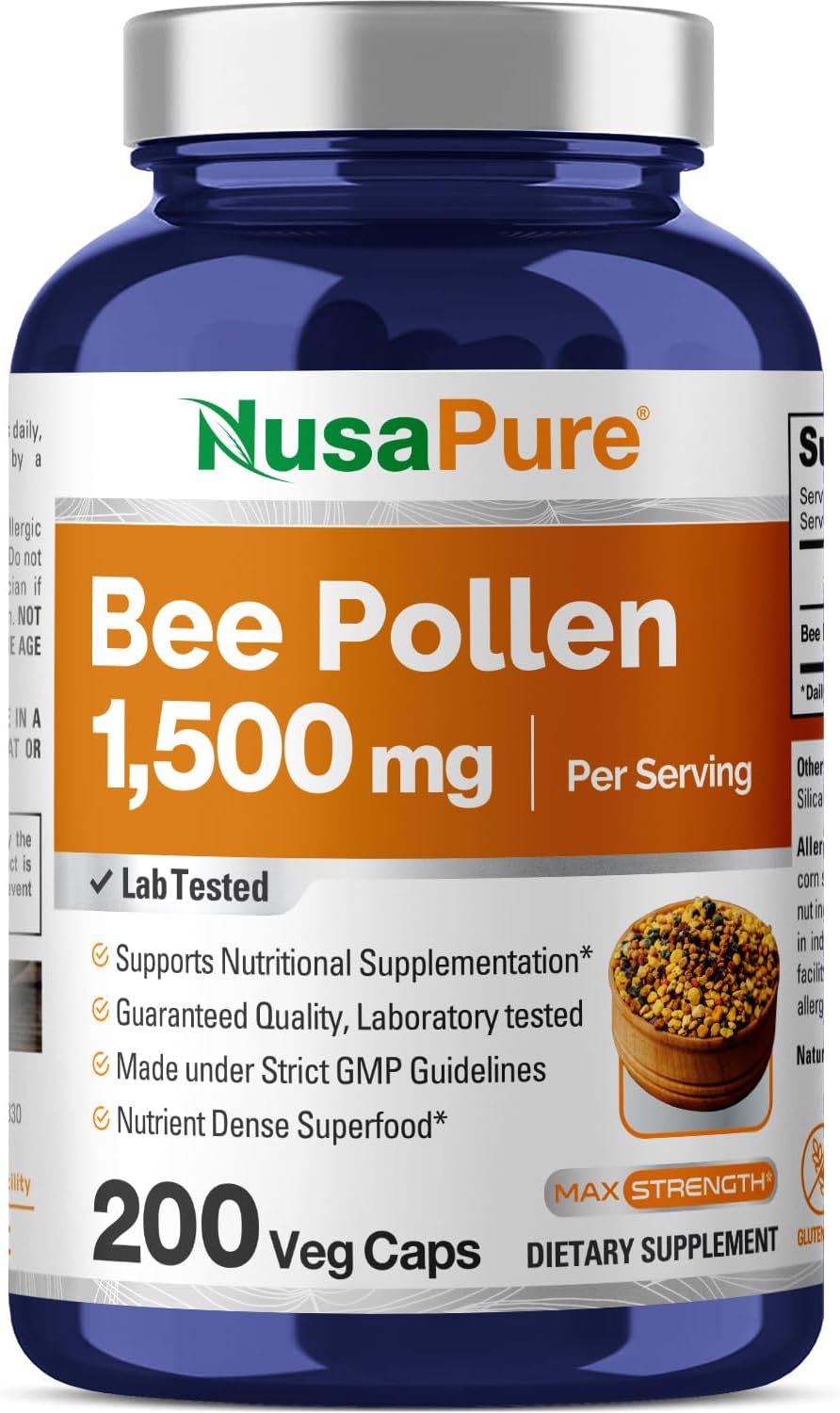 NusaPure Bee Pollen 1500mg 200 Veggie Caps (100% Vegetarian, Non-GMO, Gluten Free) Naturally Occurring Proteins, Aminoacids