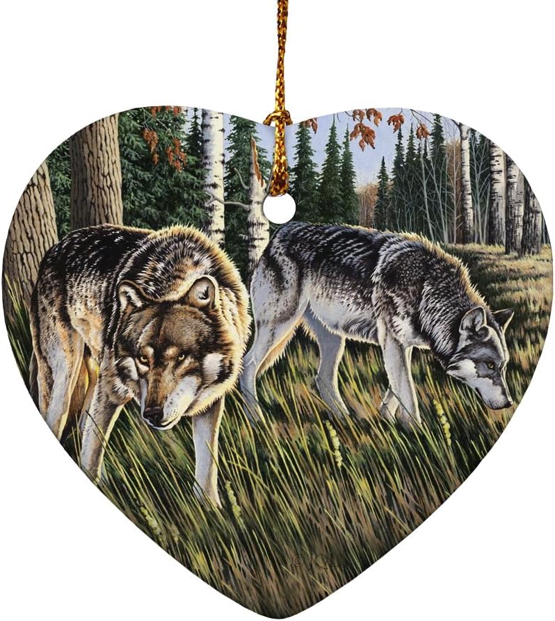 Wolves on The Prowl Heart-Shaped Porcelain Holiday Christmas Tree Ornament – 2.8″