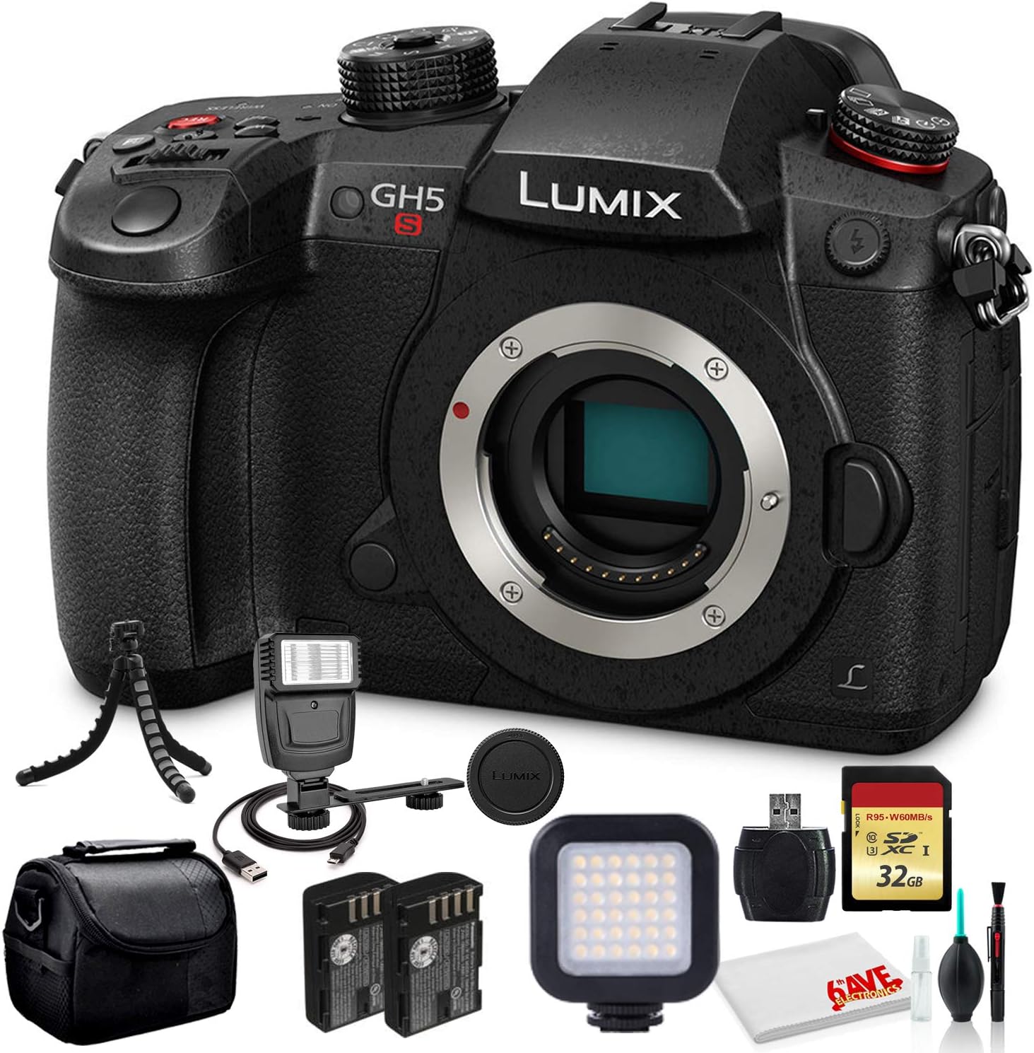 Panasonic Lumix DC-GH5S Mirrorless Digital Camera (DC-GH5S) – Bundle – with Sony 32GB Tough SD Card + LED Video Light + Digital Flash + DMW-BLF19 Battery + Soft Bag + 12 Inch Flexible Tripod + More