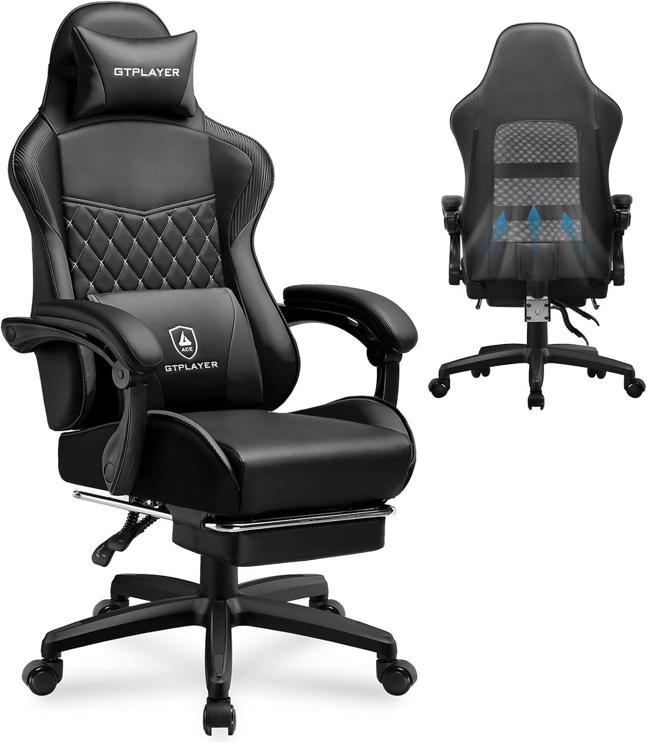 GTPLAYER Gaming Chair, High Back Leather Computer Gaming Chair with Footrest, Ergonomic Height Adjustable Office Chair with Removable Cover and Lumbar Support for Gaming and Work (Black)