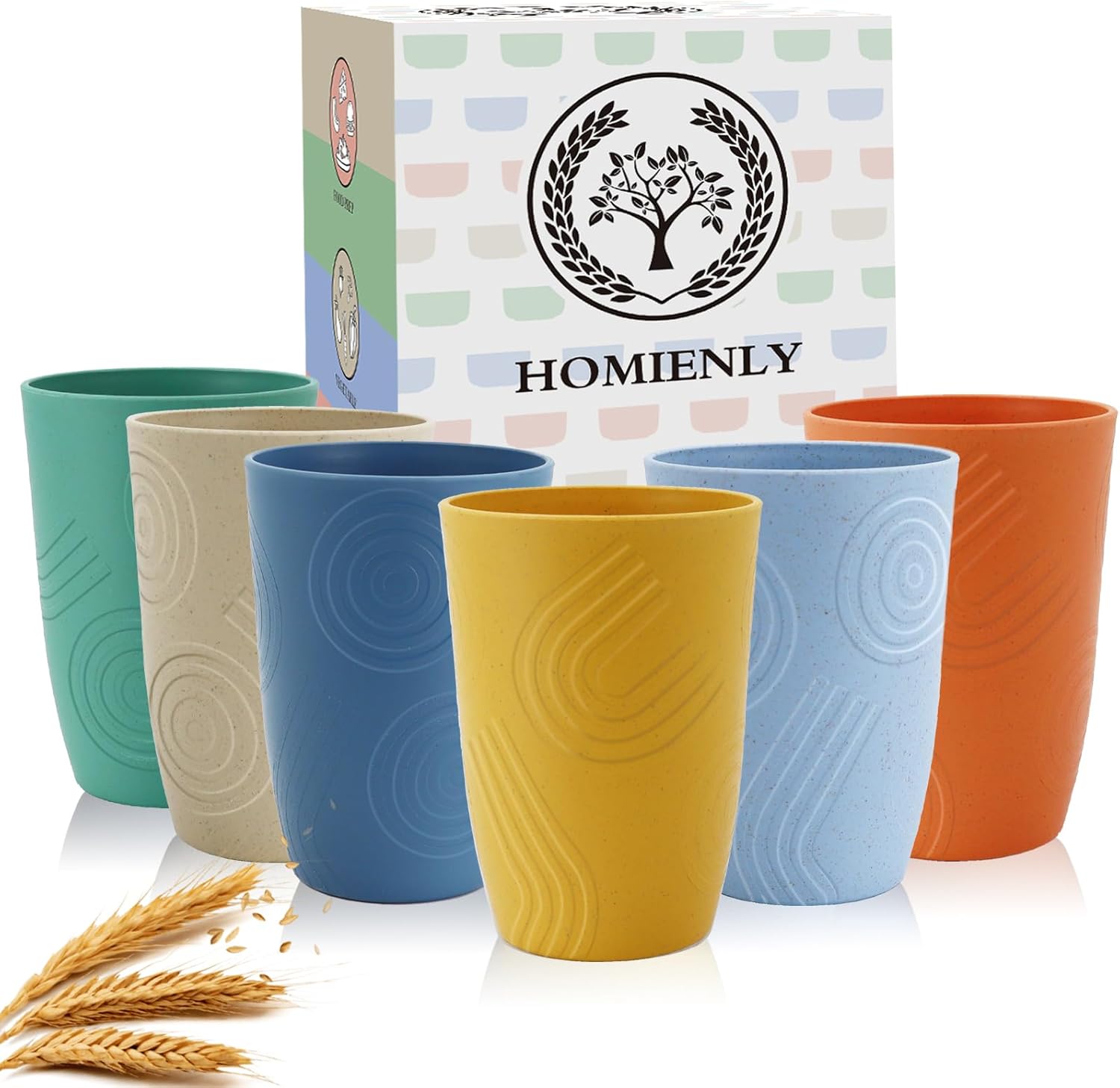 Wheat Straw Cups 6 PCS Plastic Cups Reusable Unbreakable Drinking Cup Dishwasher Safe Water Glasses with Unique Pattern (16 OZ)