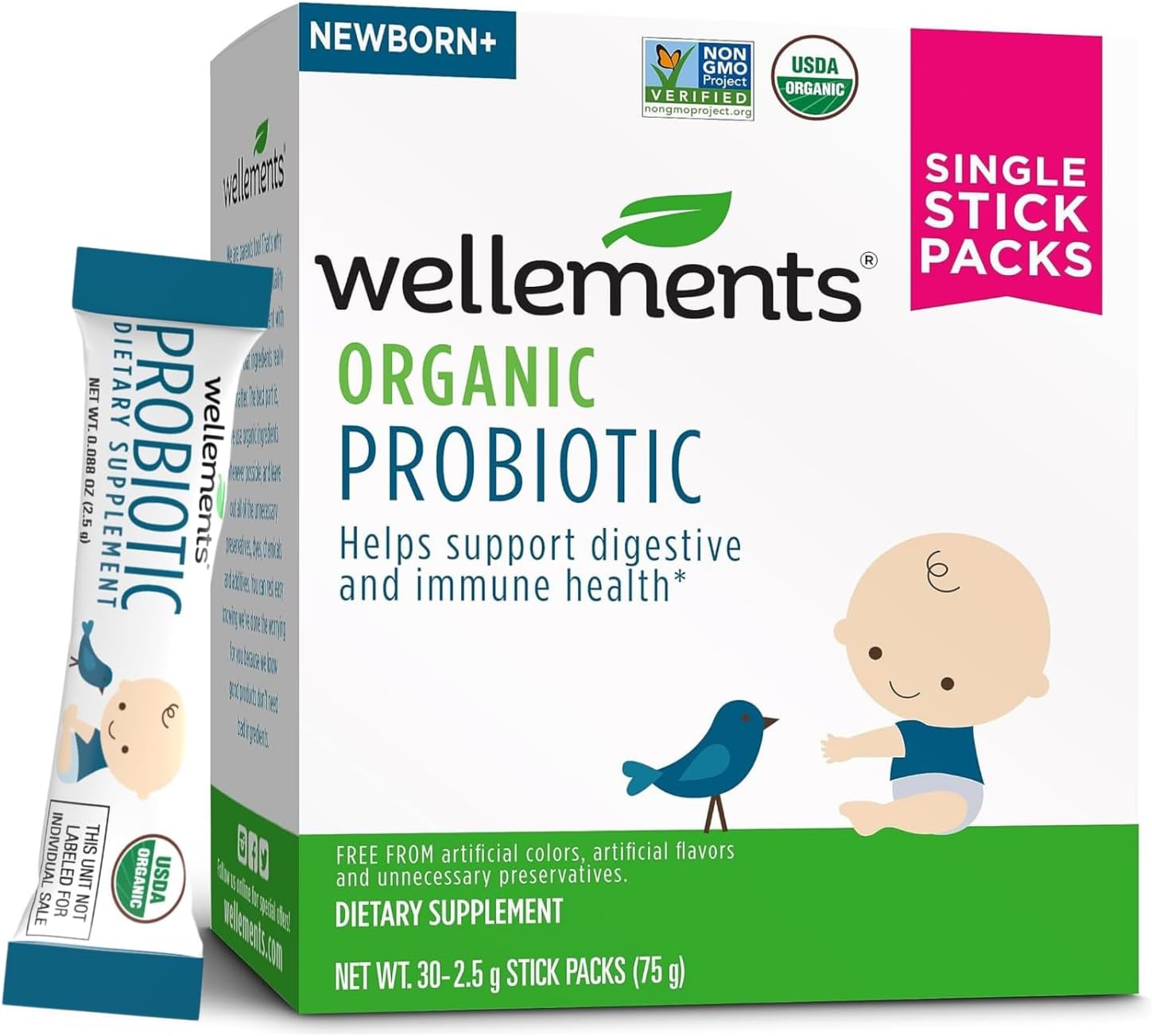 Wellements Organic Probiotic Stick Packs | Supports Digestive and Immune Health for Infants, Babies and Toddlers | Flavorless and Easy to Use | Non-GMO and Top 9 Allergen Free | 30ct