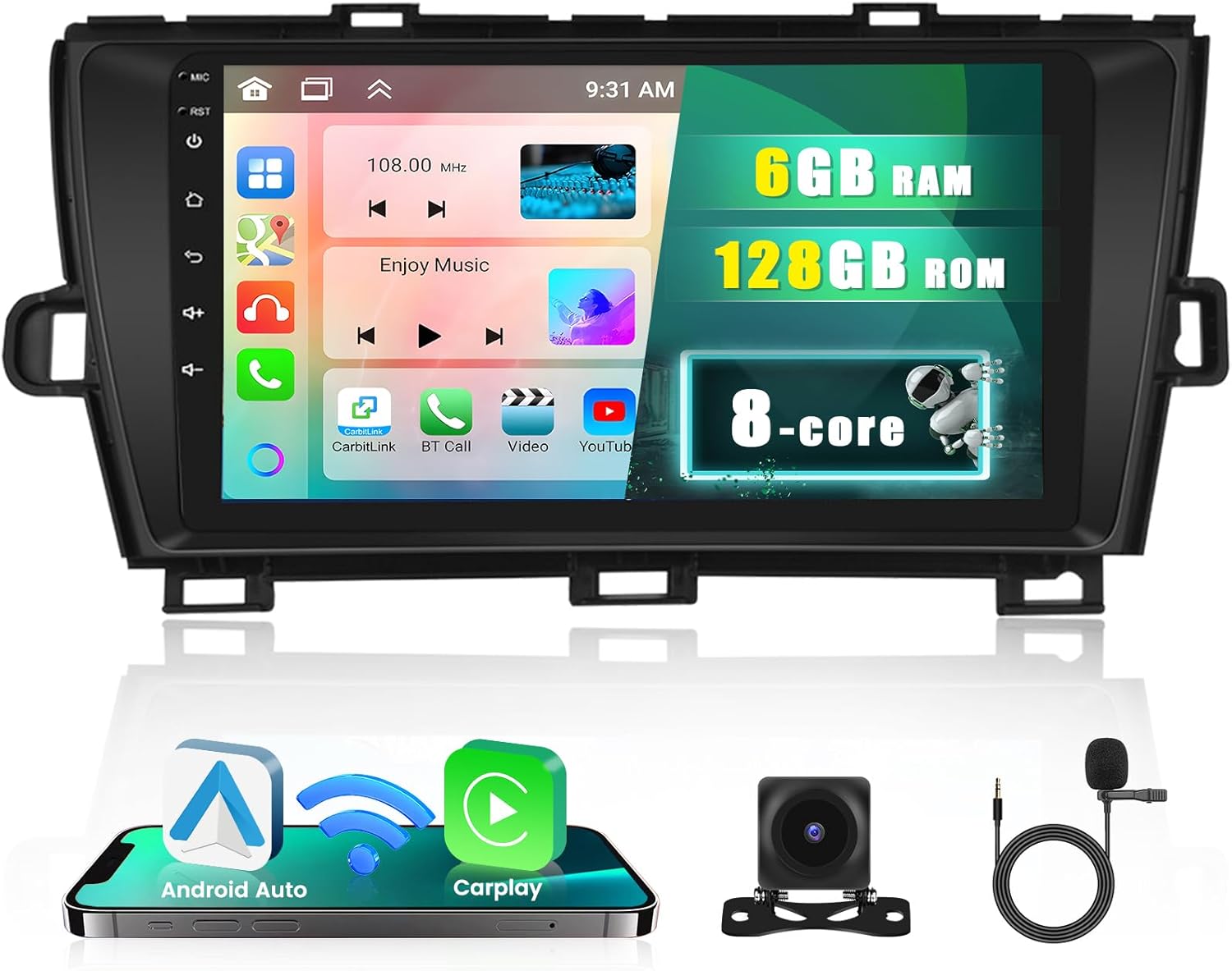 8-Core 6+128G Android 13 Car Stereo Upgrade Radio for Toyota Prius 2010-2015 (LHD with JBL), 9” HD Touch Screen with Wireless CarPlay & Android Auto, AHD Backup Camera, Mirror Link, GPS Navi