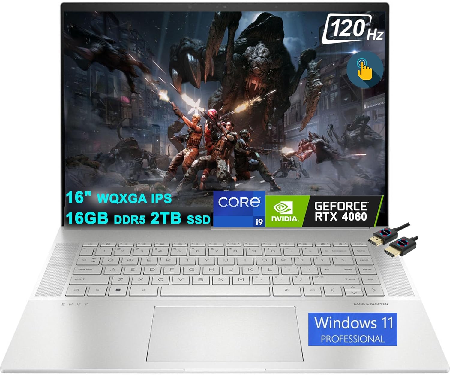 HP Envy 16 Gaming Laptop | 16″ WQXGA 120Hz Touch 400nits 100% sRGB | Intel 14-Core i9-13900H | 16GB DDR5 2TB SSD | GeForce RTX 4060 8GB | Backlit Thunderbolt USB-C Win11Pro Silver + HDMI Cable