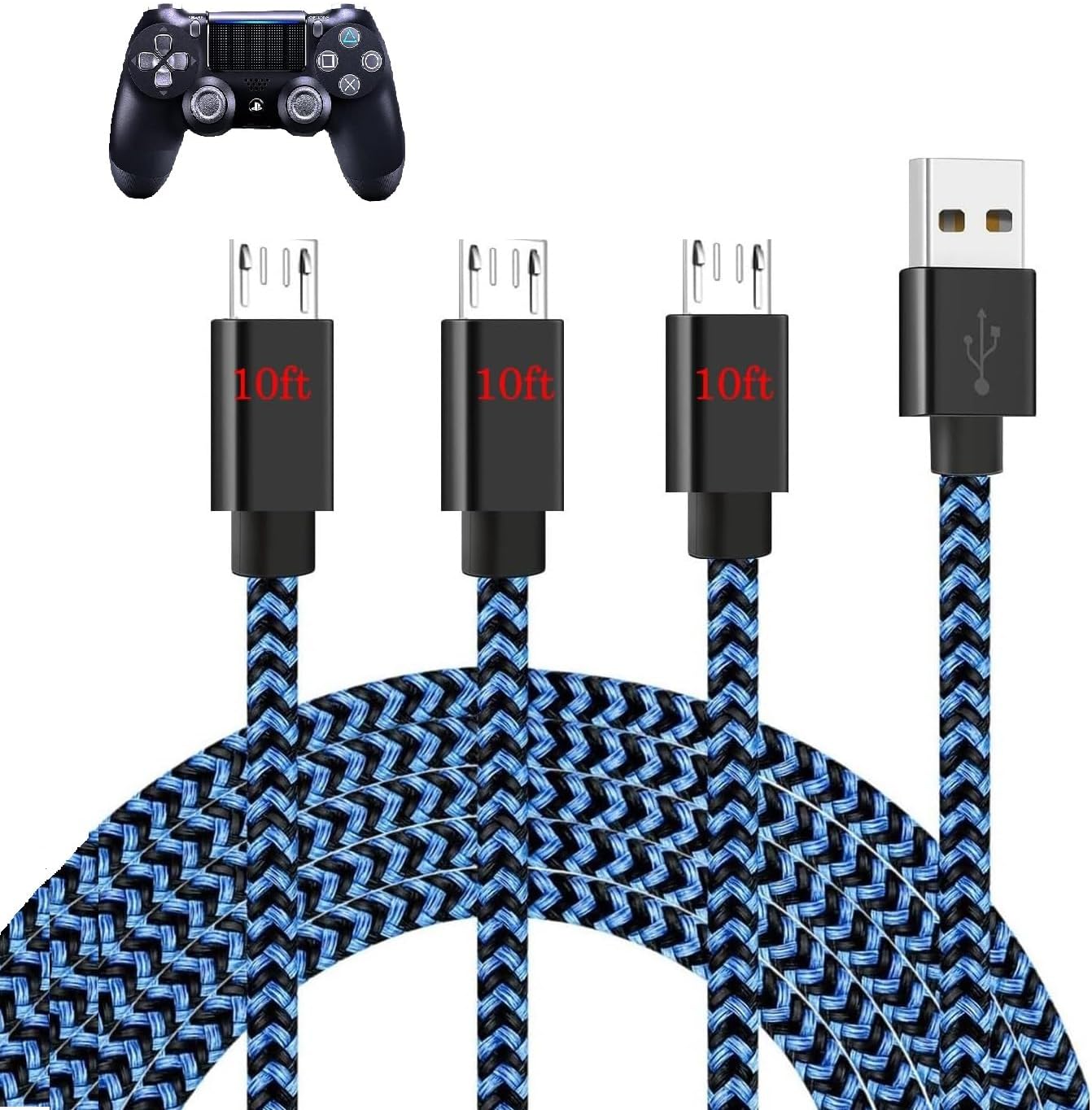 10FT 3Pack Micro USB Cable PS4 Controller Charger Cable, Micro USB Cable Nylon Braided for Galaxy S7 Edge Sony Playstaion 4,PS4 Slim/Pro,Dualshock 4,Xbox One/One X,for Kindle