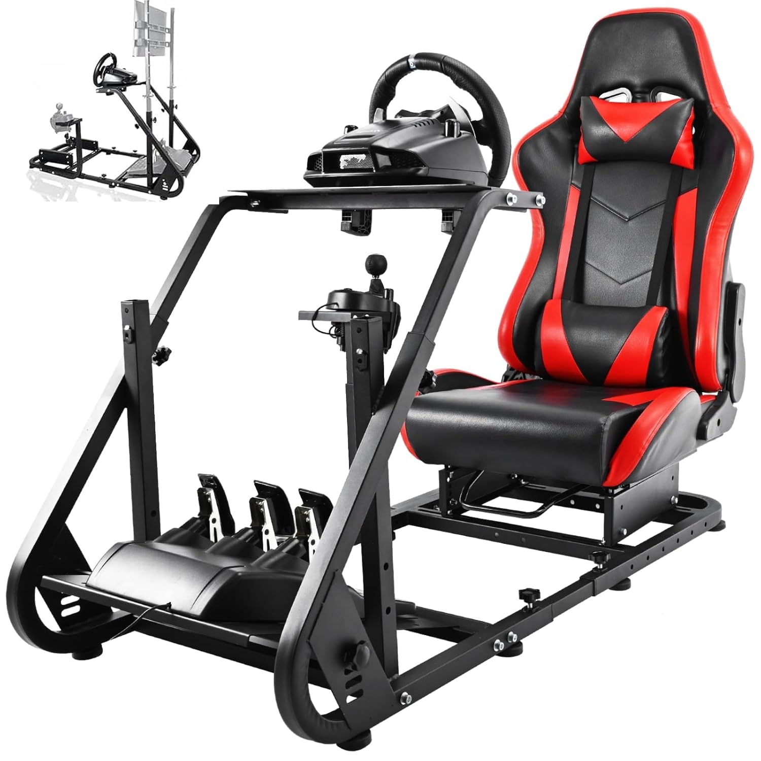 Hottoby Adjustable Racing Simulator Cockpit with Red Seat Fit for Logitech/Thrustmaster/Fanatec G920 G923 G29,Mountable Monitor Stand,Frame Double Arm Reinforcement,No Steering Wheel,Pedal & Handbrake