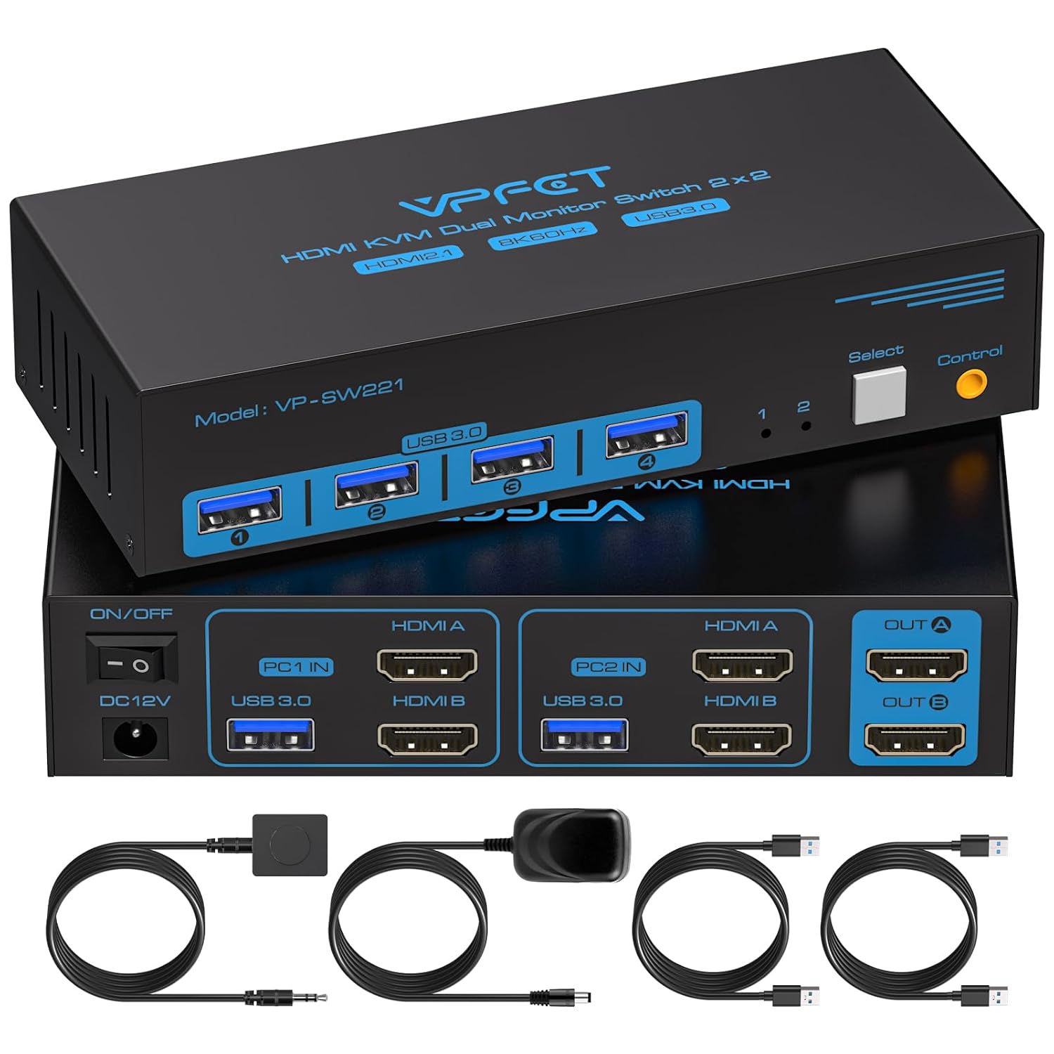 8K HDMI KVM Switch 2 Monitors 2 Computers Dual Monitor Support 8K@60Hz 4K@120Hz KVM Switcher PC Extended Display for 2 Port Share 4 USB 3.0 HUB Desktop Controller and 2 USB Cables Included