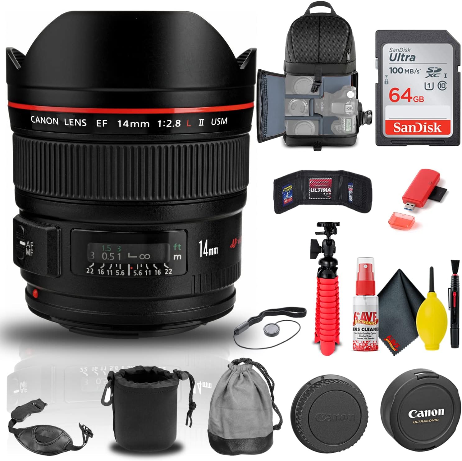 Canon EF 14mm f/2.8L II USM Lens (2045B002) + Backpack + 64GB Card + Lens Pouch + Card Reader + Flex Tripod + Memory Wallet + Cap Keeper + Cleaning Kit + Hand Strap + More (Renewed)