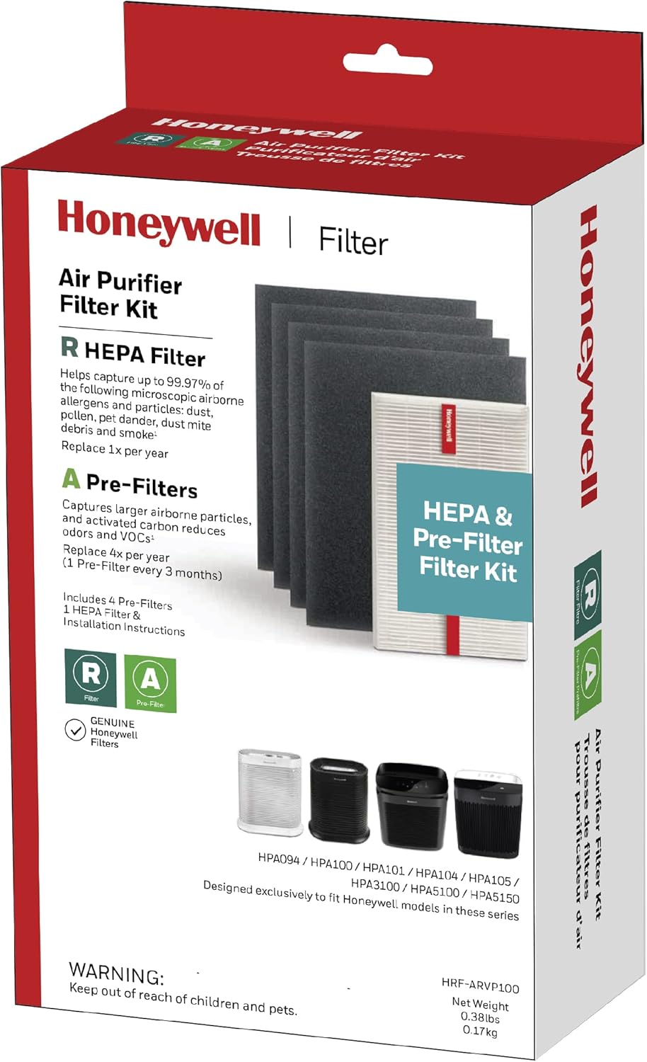 Honeywell HEPA Air Purifier Filter Kit – Includes 1 HEPA R Replacement Filter and 4 A Carbon Pre-Cut Pre-Filters – Airborne Allergen Air Filter Targets Wildfire/Smoke, Pollen, Pet Dander, and Dust