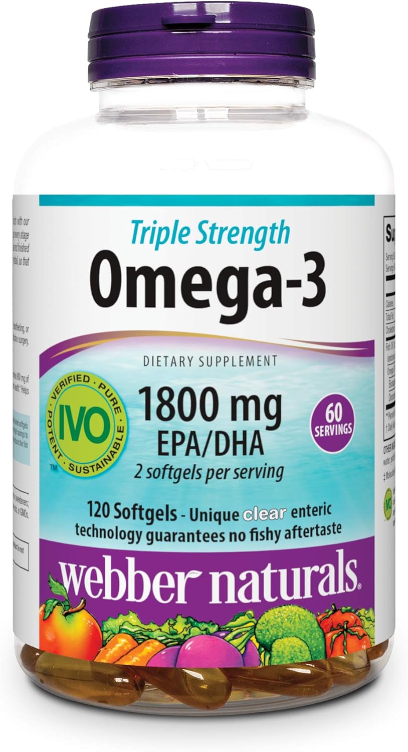 Webber Naturals Triple Strength Omega-3 Fish Oil, 1,800 mg Omega-3 (1,200 mg EPA / 600 mg DHA) per Serving, 120 Clear Enteric Softgels, No Fishy Aftertaste, for Heart, Brain and Joint Health