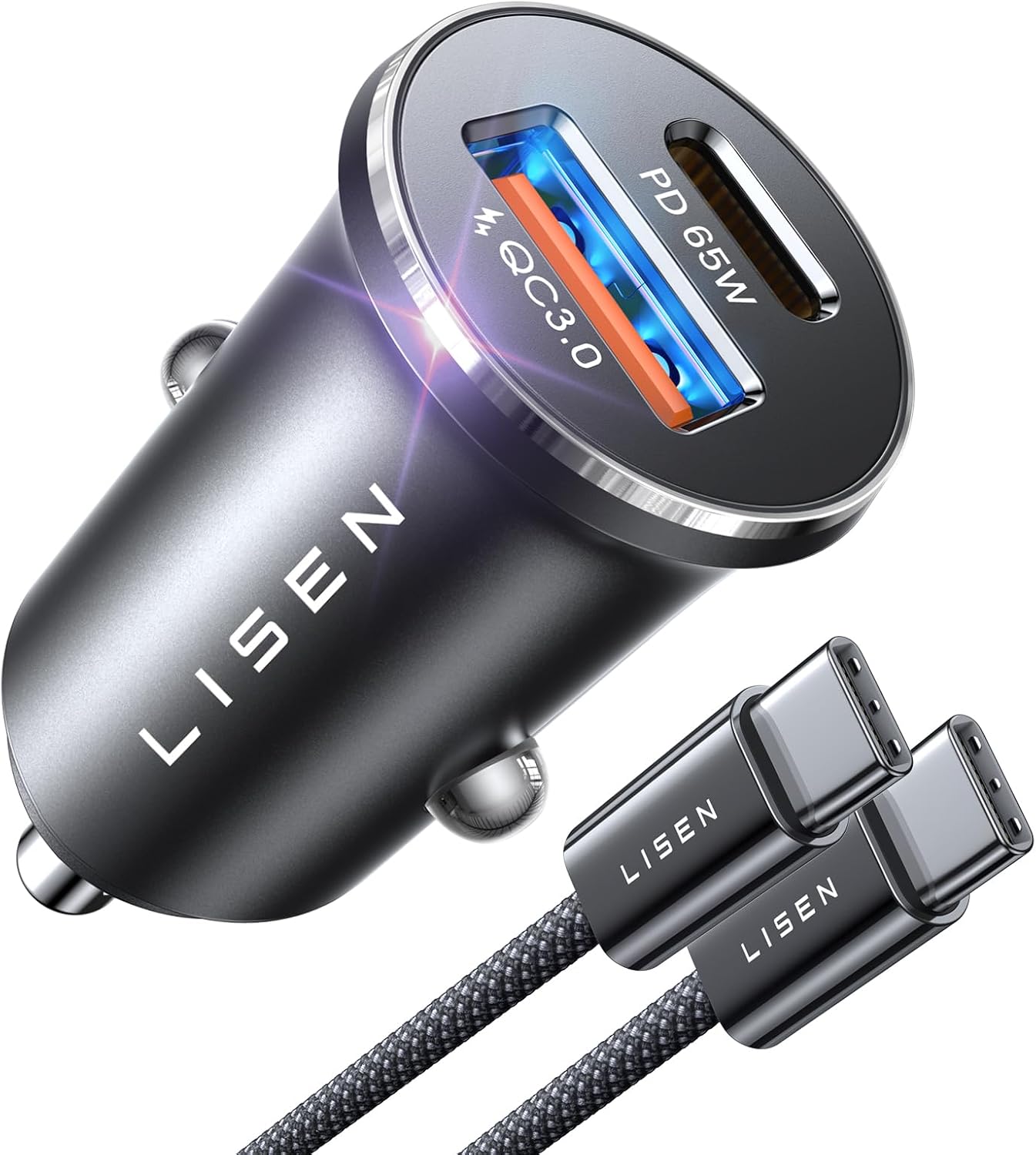 LISEN 95W USB C Fast Car Charger, Dual Port PD 65W Car Charger USB C Fast Charging, Cigarette Lighter Adapter All Metal Fast Charger USB C for iPhone 16 Pro Max 15 14 iPad Samsung Galaxy, Black