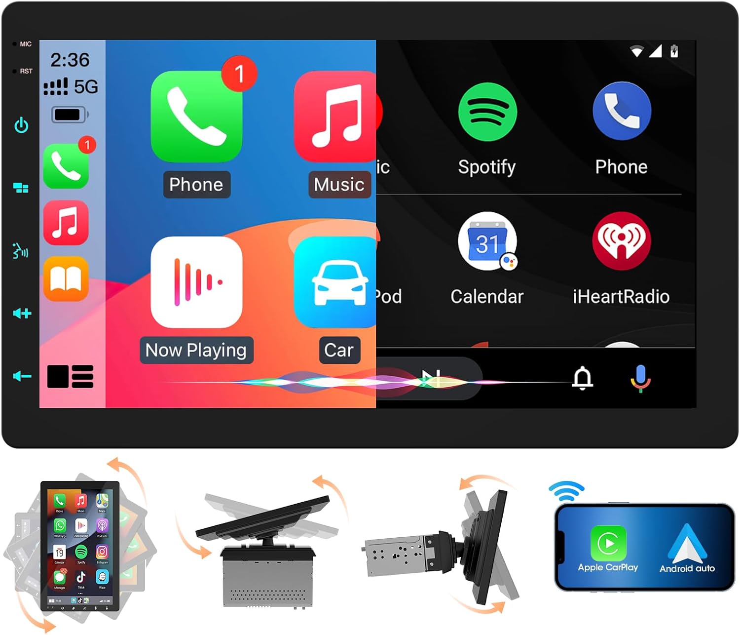 10.1-inch CarPlay Stereo Single Din: Floating Rotatable Touchscreen Wireless Android Auto – IPS Display Bluetooth Mirrorlink GPS Tracking WiFi AM FM Dual USB Backup Camera Input 2G+64G