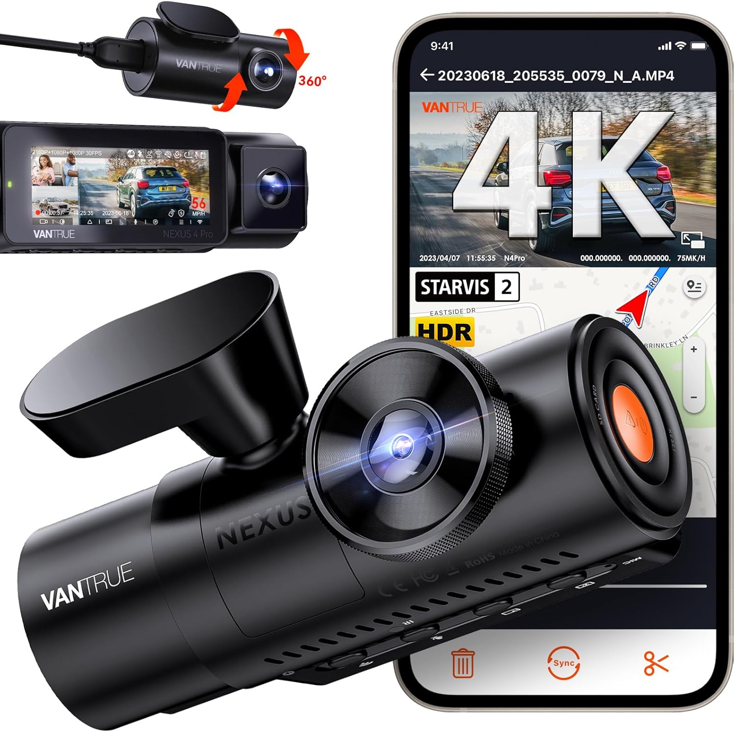 Vantrue N4 Pro 3 Channel 4K WiFi Dash Cam, STARVIS 2 IMX678 x PlatePix x HDR Night Vision, 4K+1080P+1080P Front Inside and Rear Car Camera, Voice Control, GPS, 24H Parking Mode, Support 512GB Max