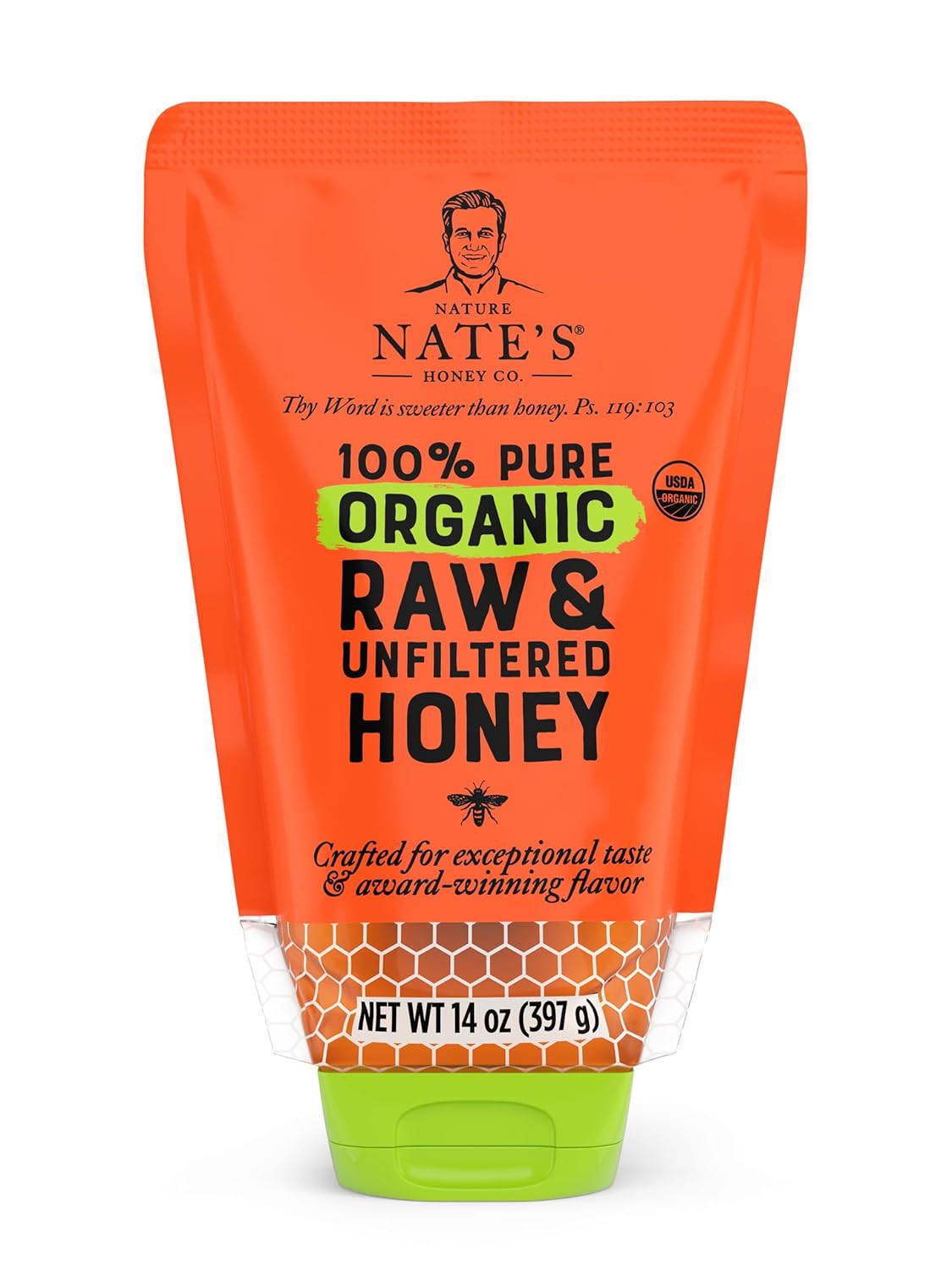 Nature Nate’s 100% Pure USDA Organic Raw & Unfiltered Honey, 14 oz. No-Drip Sustainable Squeeze Pouch; Purity Guarantee, No Additives