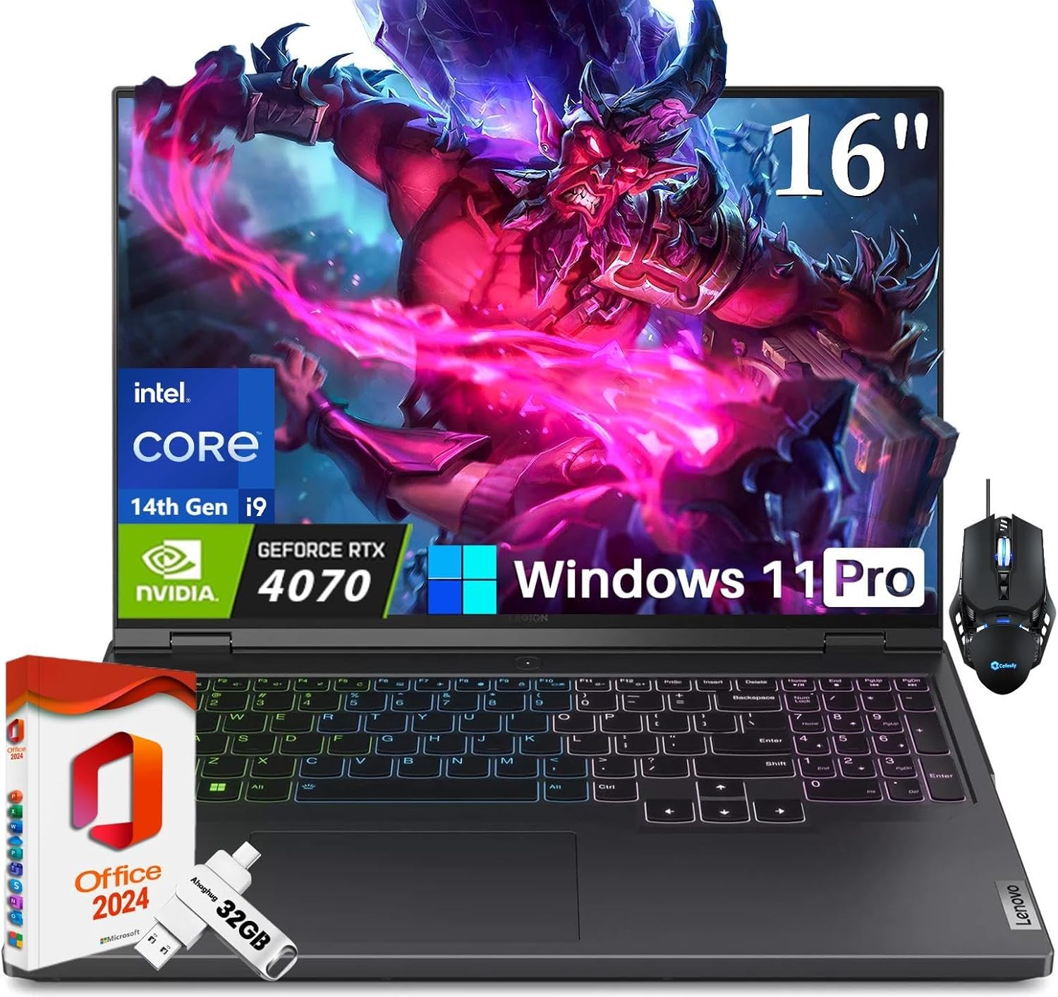 Lenovo Legion Pro 5i Gaming Laptop RTX 4070, Intel 24-Core i9-14900HX Up to 5.80 GHz, 16″ WQXGA 165Hz, 64 GB DDR5, 4 TB SSD, AI Engine+, Win 11 Pro, MS Office Pro 2024 Lifetime License, Patented Mouse