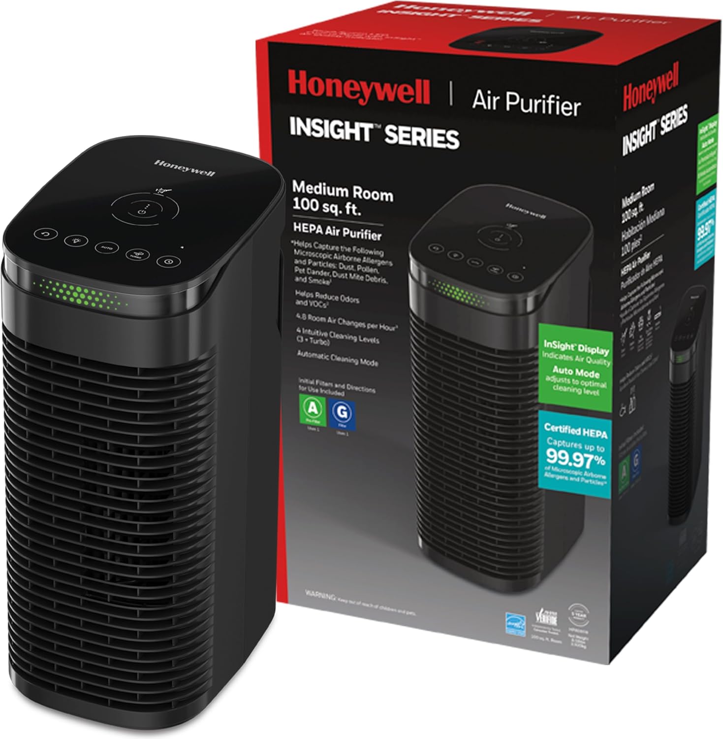 Honeywell InSight HEPA Portable Air Purifier for Medium Rooms (100 sq ft). Allergen Reducer for Wildfire/Smoke, Pollen, Pet Dander & Dust. Air Quality Indicator and Auto Mode – Black, HPA080