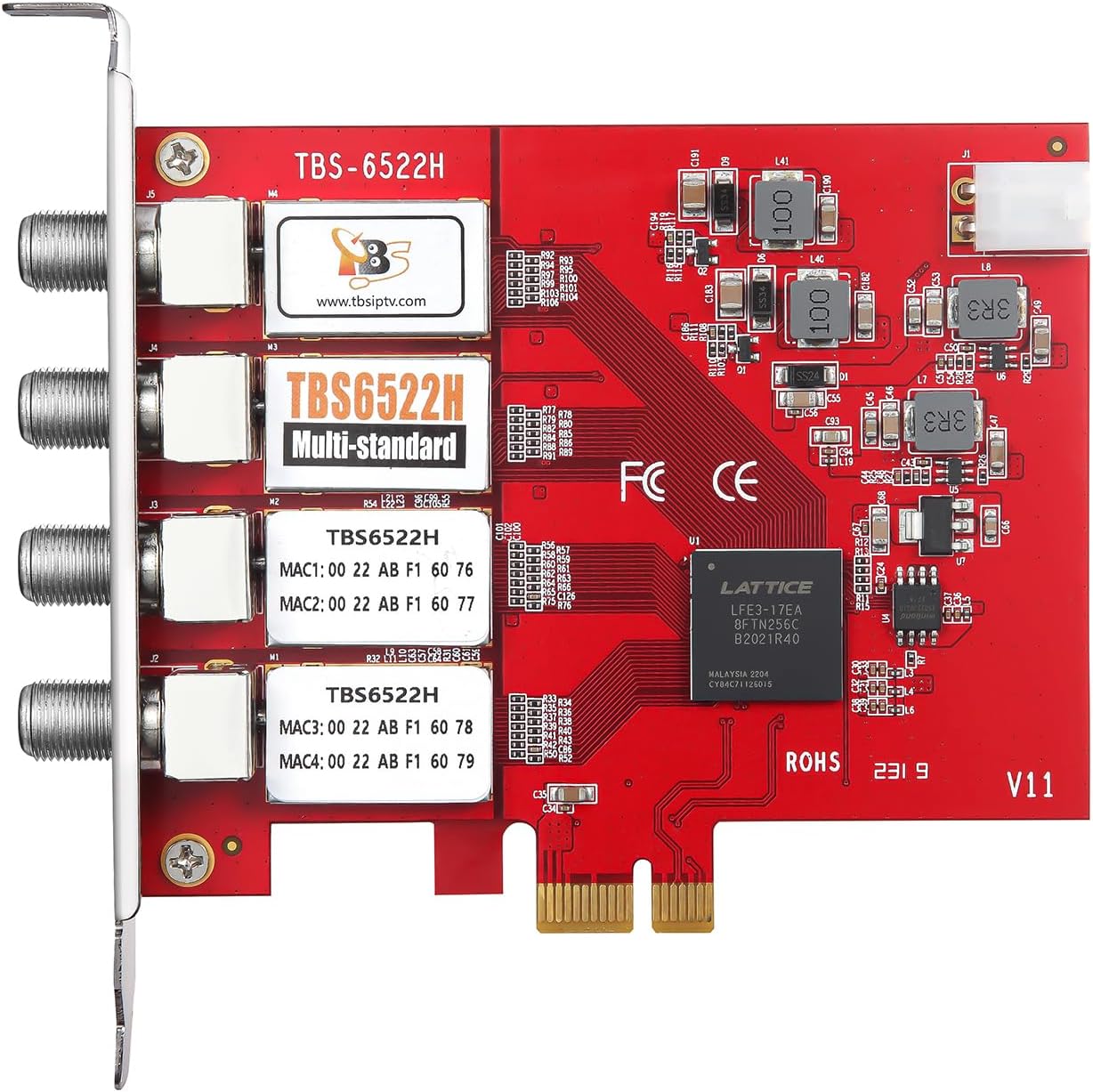 TBS6522H Quad Tuner PCIe Card DVB-S2X S2 S T2 T C2 C ISDB-T ATSC1.0 Multi Standard Digital TV Card Live TV/Window/Linux/HTPC/IPTV Server