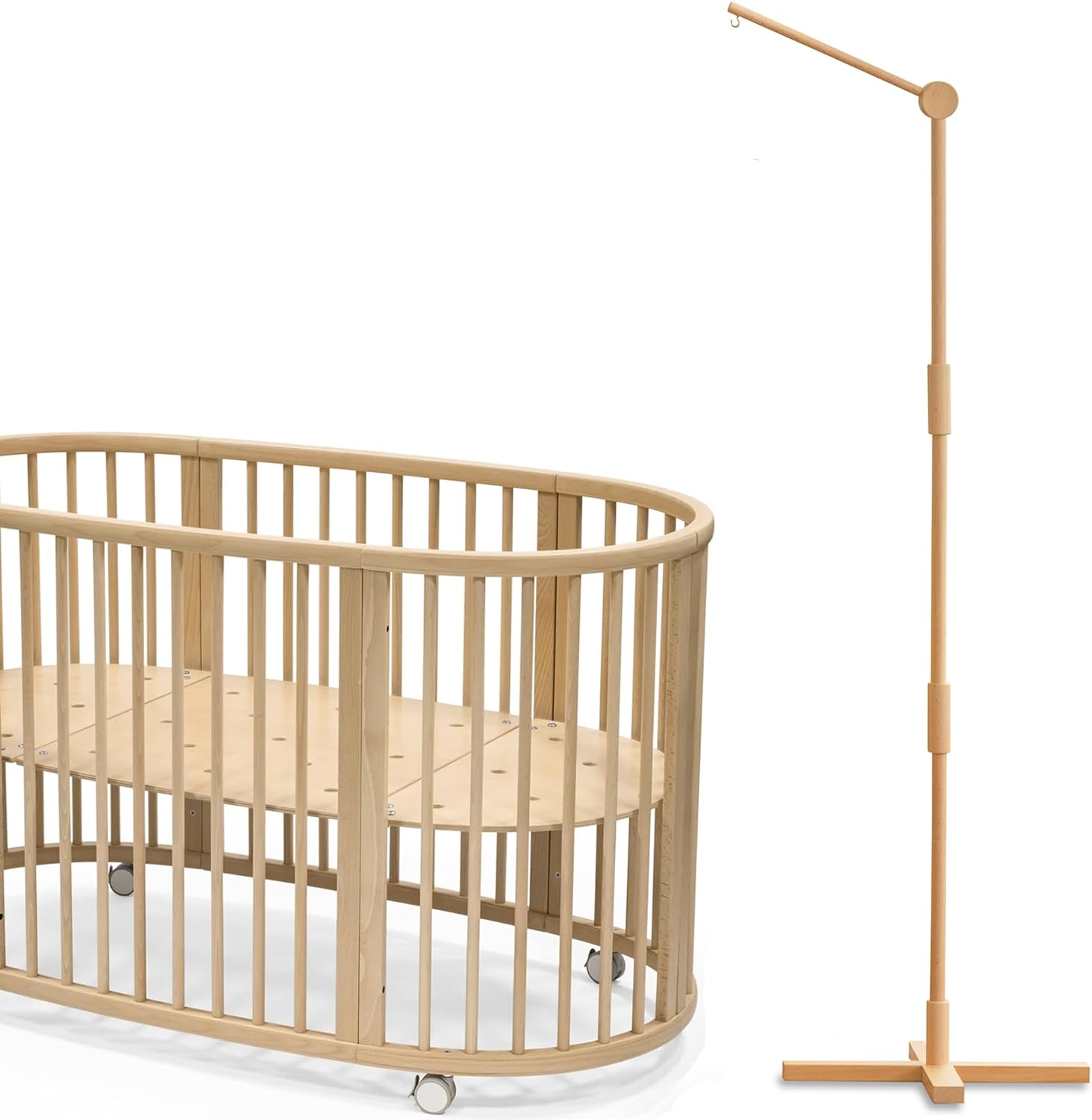 Crib Mobile Arm Wooden Floorstanding – 61 Inches Mobile Arm for Crib|Movable Baby Mobile Hanger|Strong Anti-Dumping Attachment|100% Natural EU Beech Wood|Thicker Wooden Pole|Boho Nursery Decor