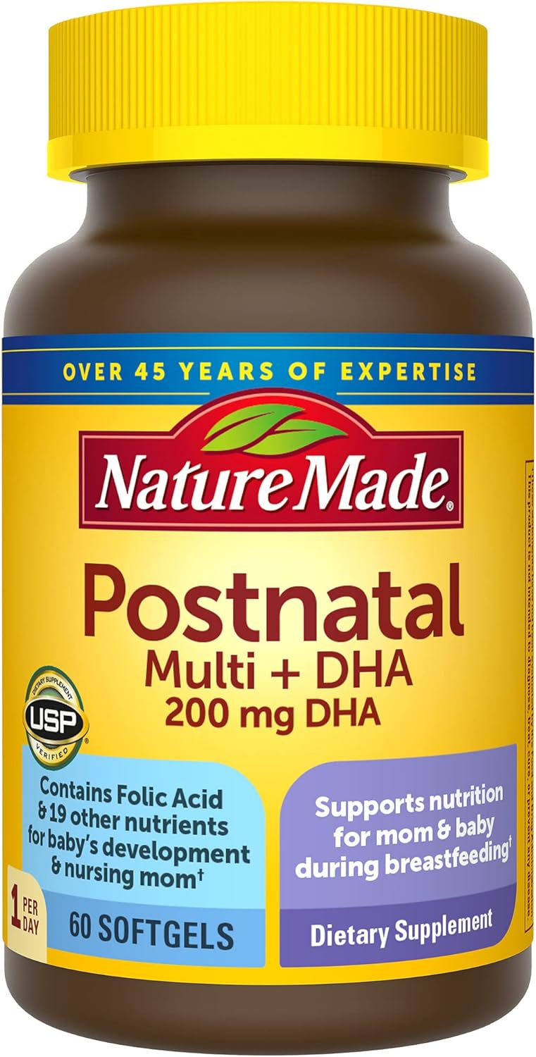 Nature Made Postnatal Multivitamin + DHA 200 mg, Postnatal Vitamins for Breastfeeding Moms & Babies, Vitamins & Nutrients Include Iron, Vitamin D3, Calcium, Iodine and More, 60 Softgels