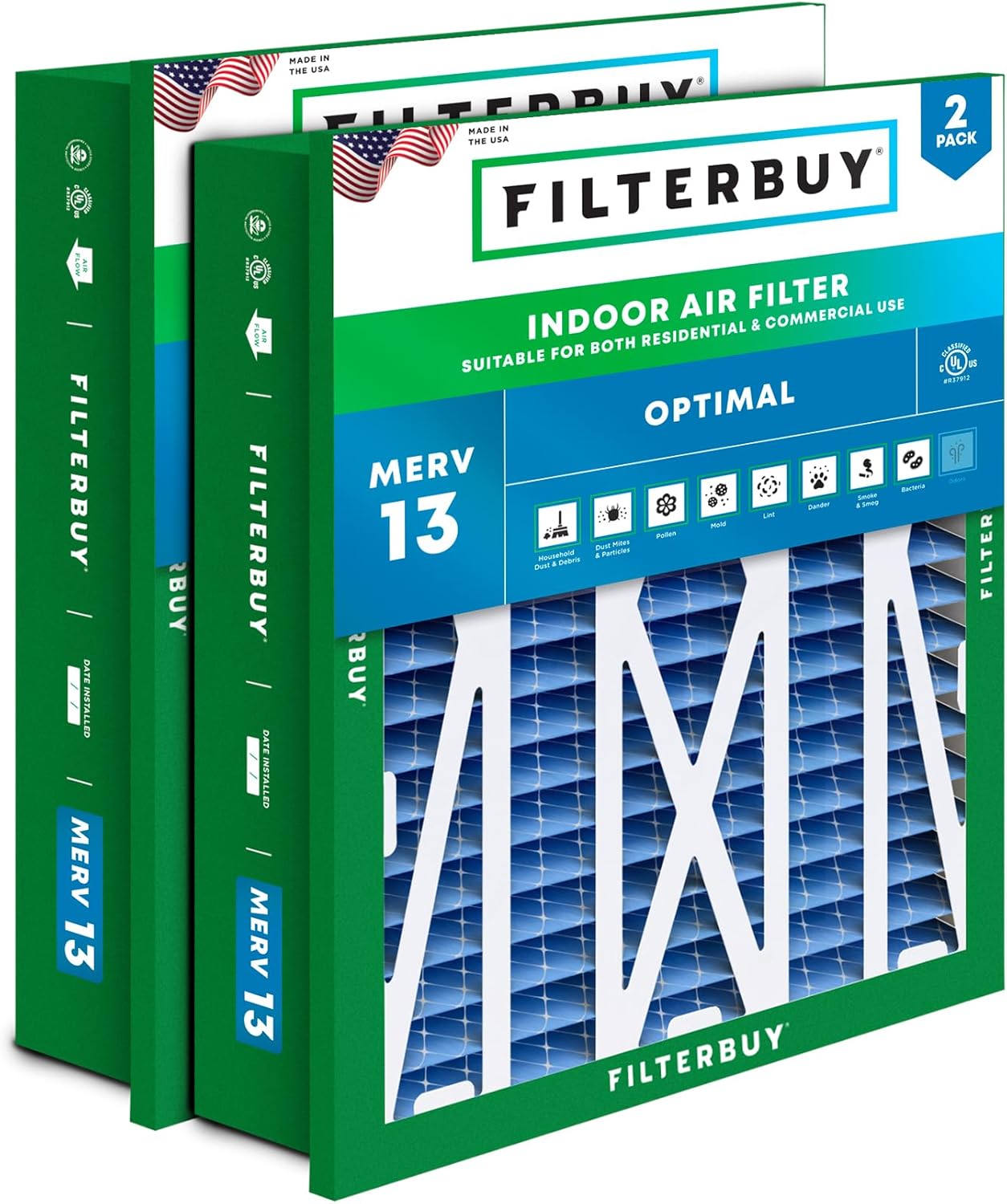 Filterbuy 24x24x5 Air Filter MERV 13 Optimal Defense (2-Pack), Pleated HVAC AC Furnace Air Filters Replacement for Honeywell Return Grille (Actual Size: 22.38 x 22.38 x 4.38 Inches)