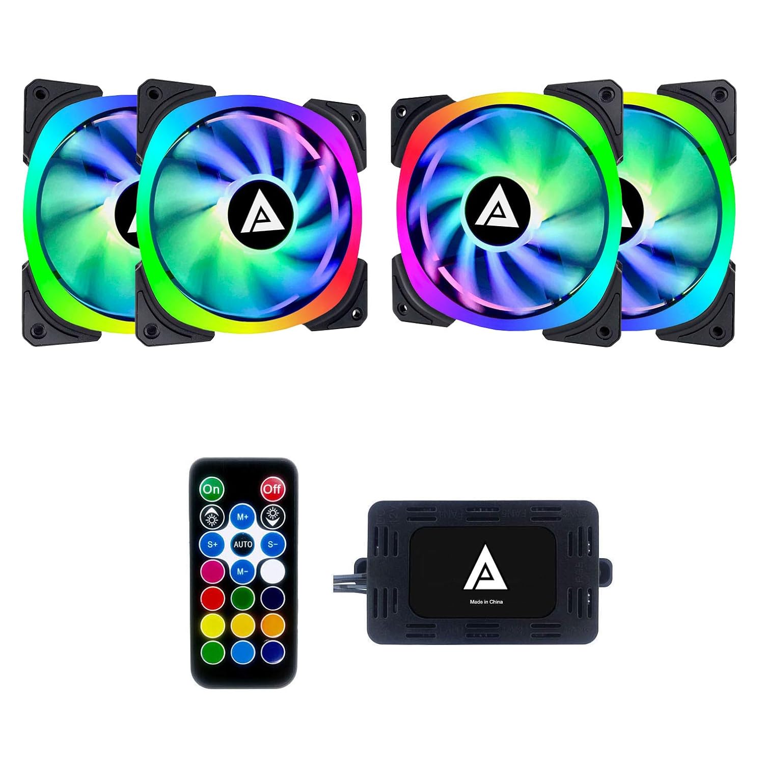 Apevia LP412L-RGB Lunar Pro 120mm Silent Dual-Ring RGB Color Changing LED Fan for Gaming with Remote Control, 28x LEDs & 8X Anti-Vibration Rubber Pads (4-pk)