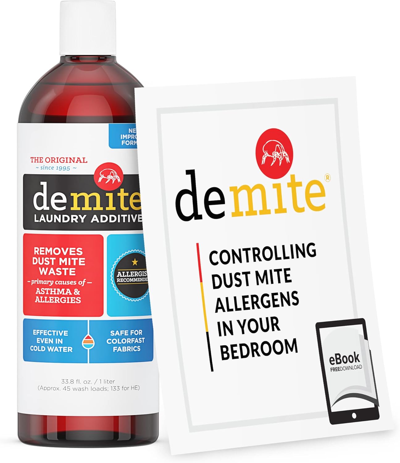 DeMite Laundry Additive – Dust Mite Waste Remover for Allergy Relief, Treatment for Bedding & Clothes, Safe for Children & Pets, Fragrance-Free Gentle Formula, Use with Any Laundry Detergent, 1 Liter