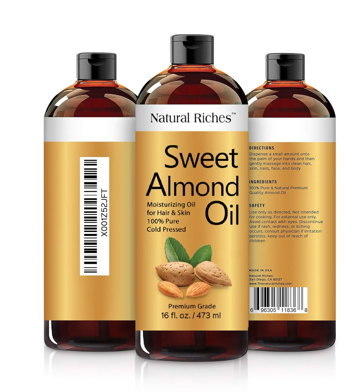 Natural Riches Sweet Almond Oil Cold Pressed, Triple A Grade, Pure and Natural Hexane free Soothing Vitamin E Oil for Skin, Facial Polish, Full Body Massages, Made in USA 16 FL oz.