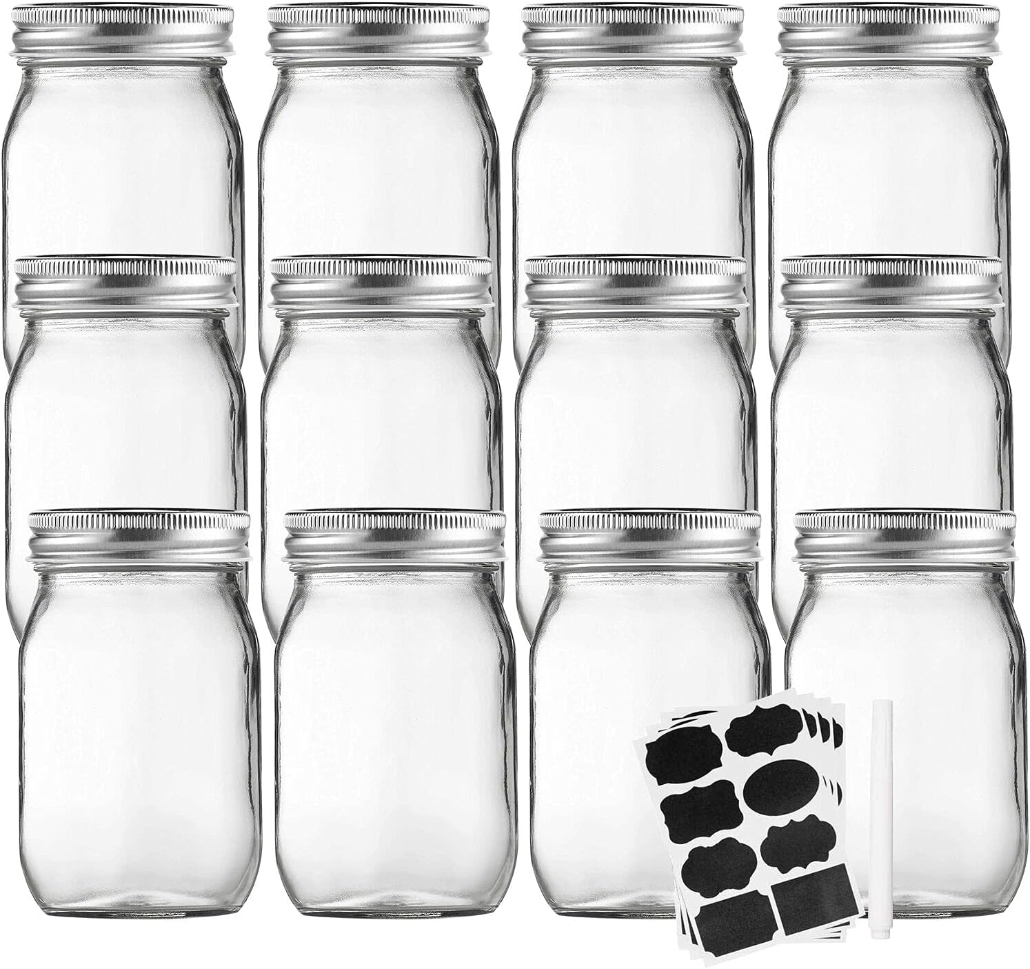 Accguan Mason Jars 16 oz With Regular Lids and Bands, Ideal for Jam, Honey, Wedding Favors, Shower Favors, DIY Magnetic Spice Jars, 12 PACK, 16 Labels Included