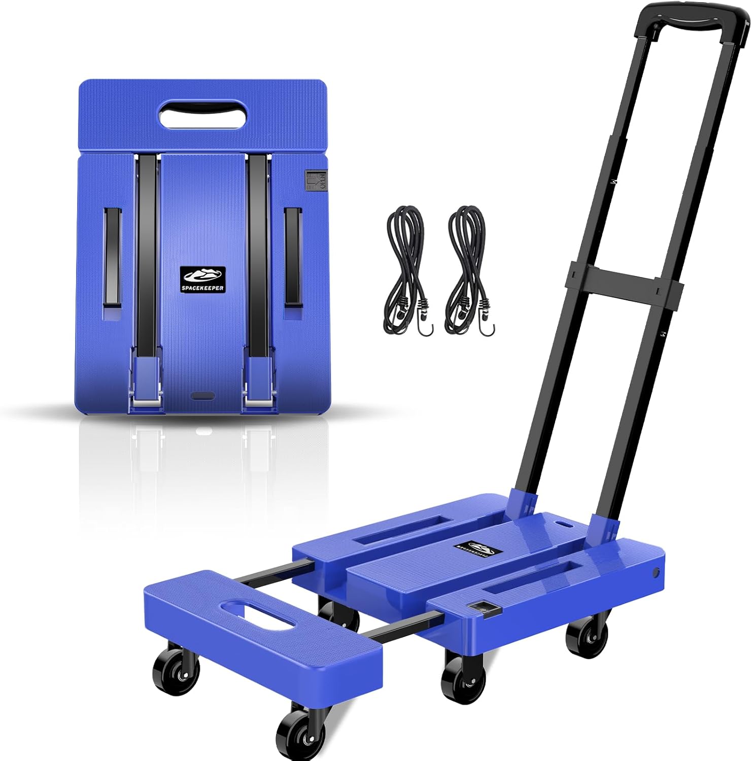 SPACEKEEPER Folding Hand Truck, 500 LB Capacity Luggage Cart, Portable Folding Dolly with 6 Wheels and 2 Elastic Ropes for Luggage, Personal, Travel, Auto, Moving and Office Use, Blue