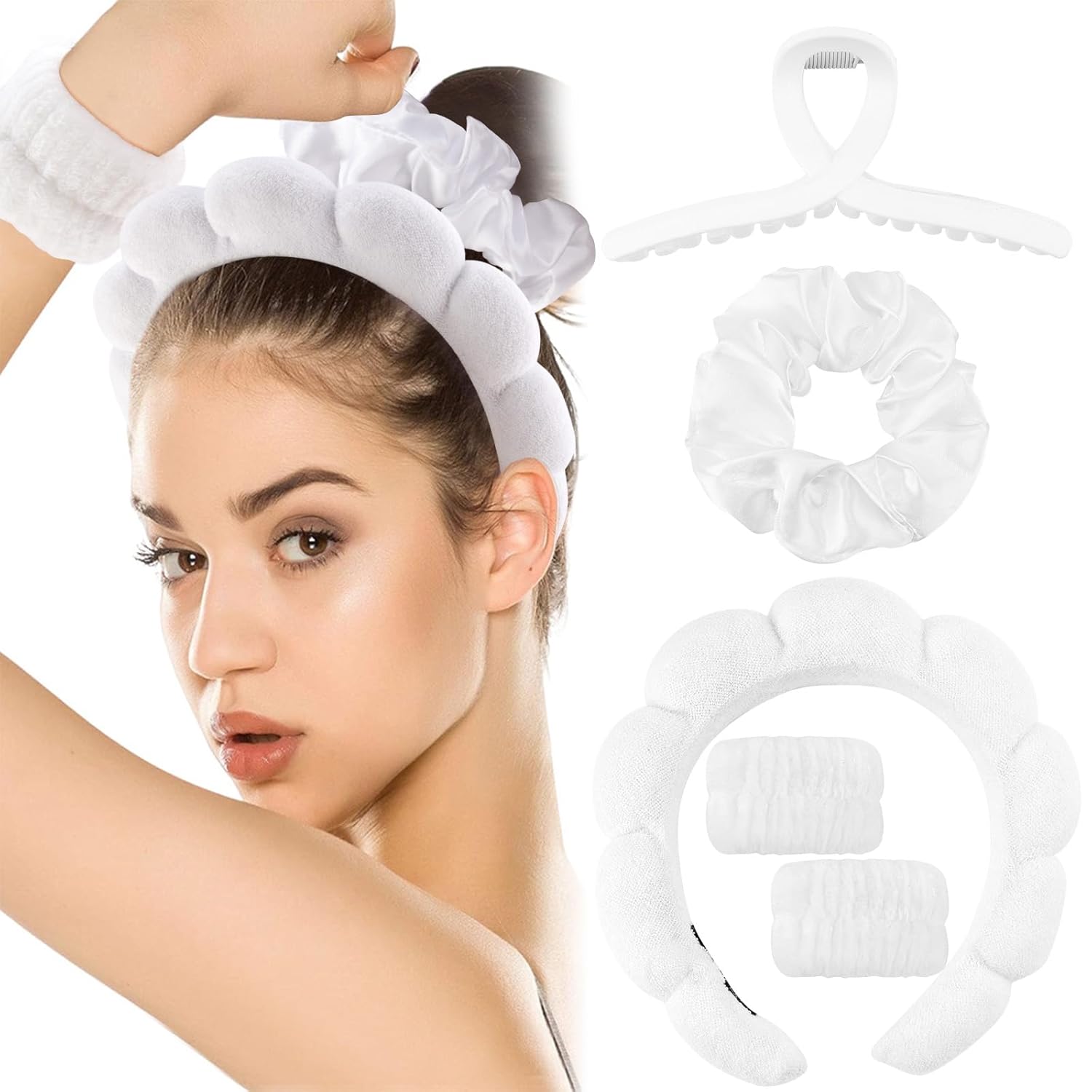 CUBACO 6PCS Spa Headband and Wristband Set – Makeup Headband, Wristbands, Hair Claw Clips, White Scrunchies for Women Skincare Non Slip Thick Hair Accessory for Face Washing, Mask, Skin Treatment