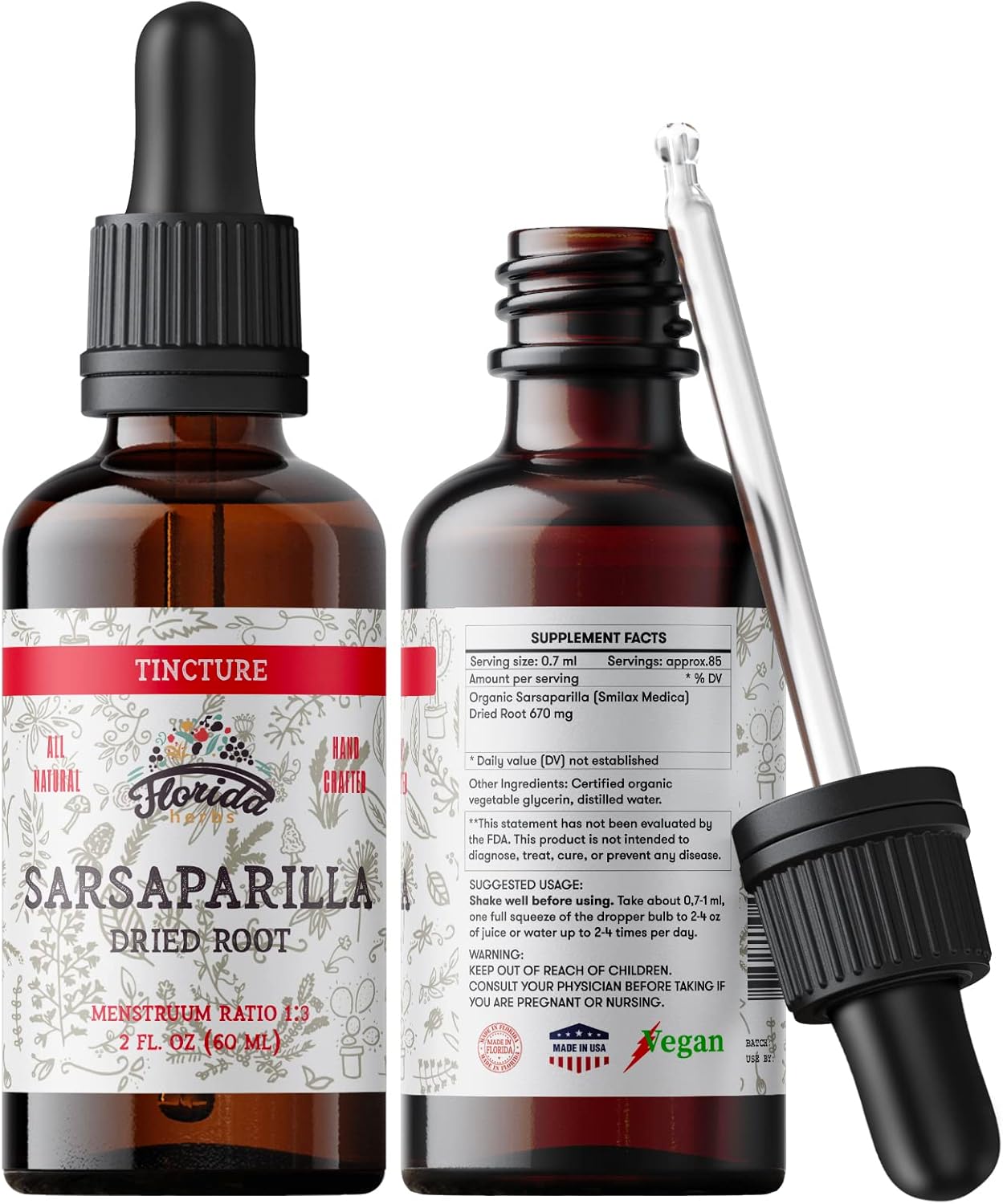 Sarsaparilla Tincture, Organic Sarsaparilla Extract (Smilax Medica) Dried Root, Non-GMO in Cold-Pressed Organic Vegetable Glycerin 2 oz, 670 mg