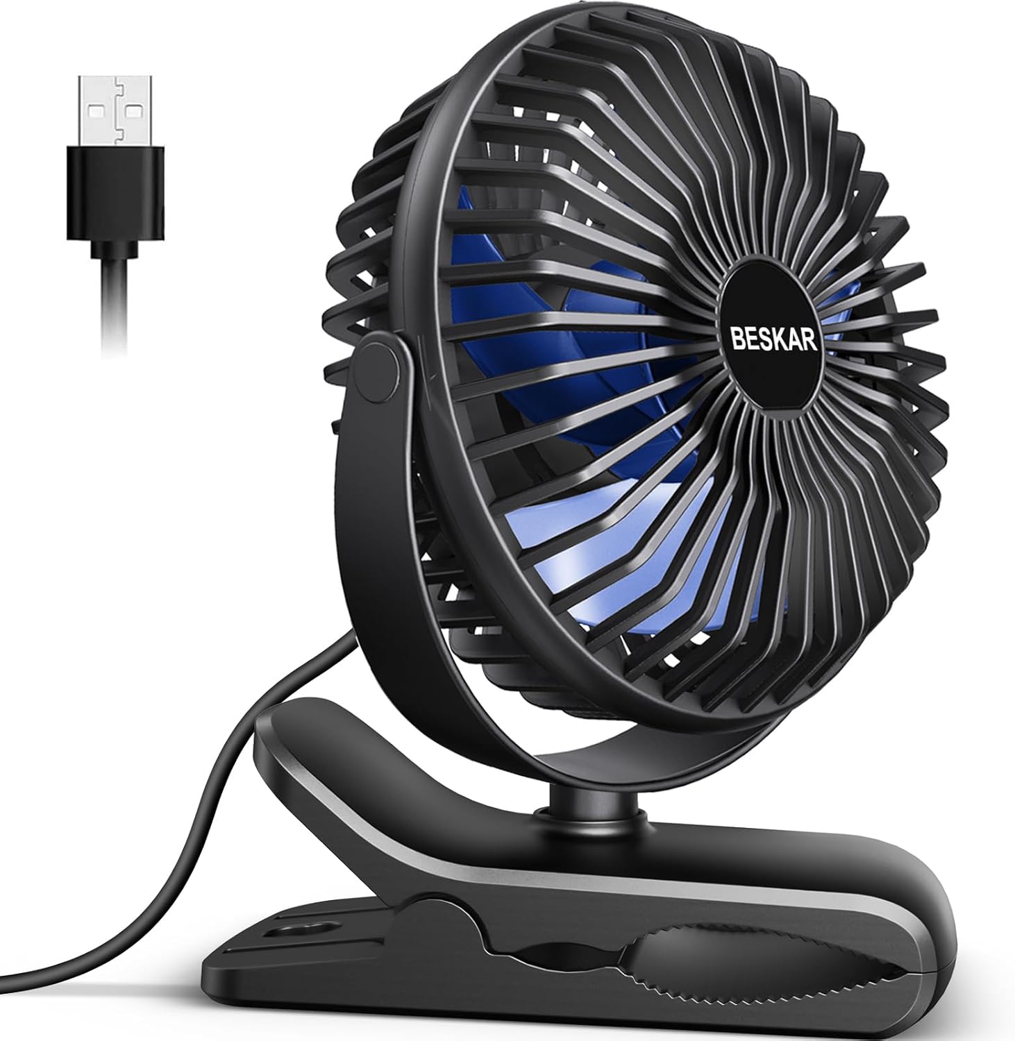 BESKAR USB Clip on Fan, Portable Small Fan with Cord Powered, 3 Speeds Strong Airflow, with Sturdy Clamp, Quiet Personal Desk Fan