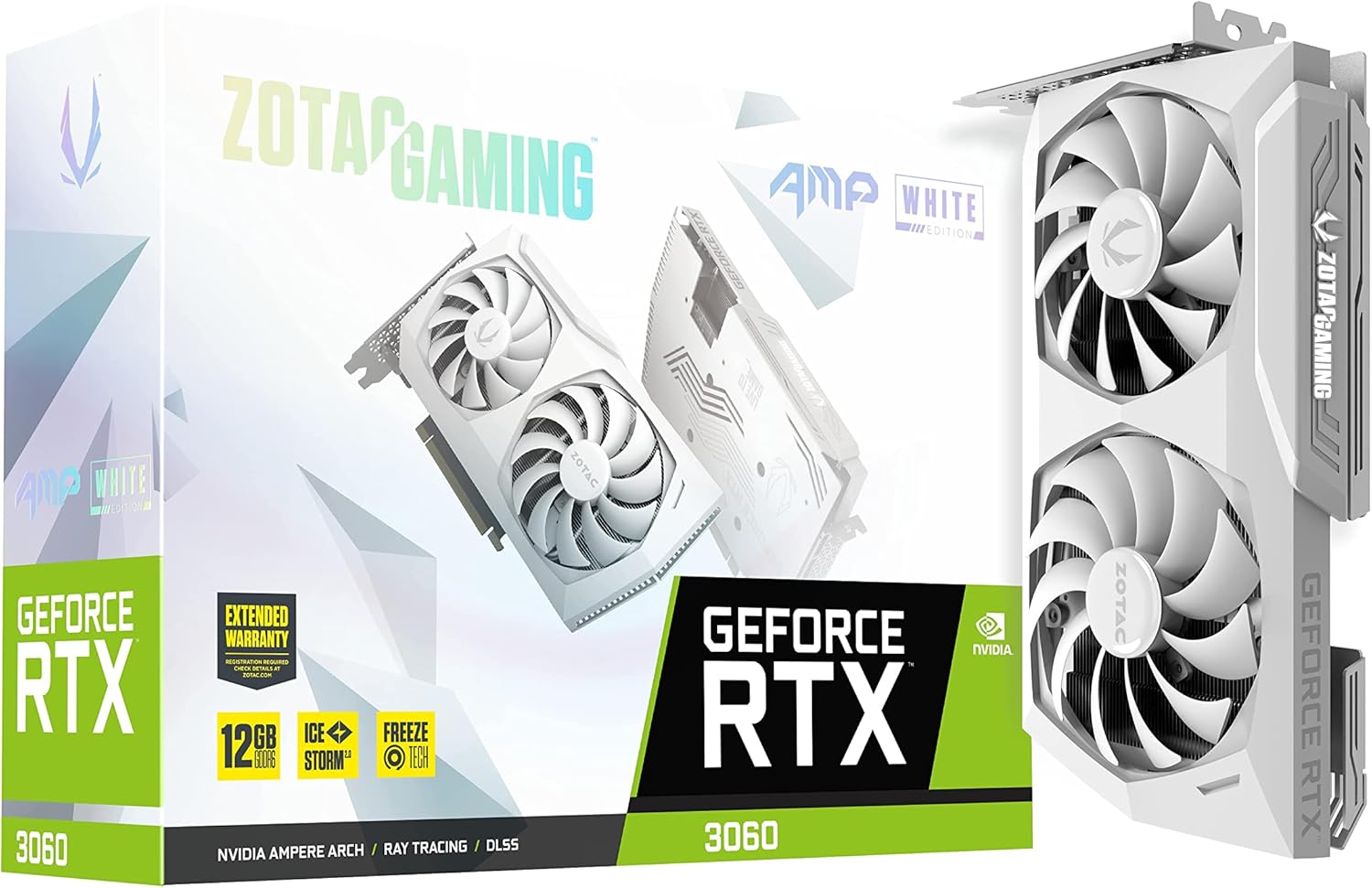 ZOTAC Gaming GeForce RTX 3060 AMP White Edition 12GB GDDR6 192-bit 15 Gbps PCIE 4.0 Gaming Graphics Card, IceStorm 2.0 Cooling, Active Fan Control, Freeze Fan Stop ZT-A30600F-10P