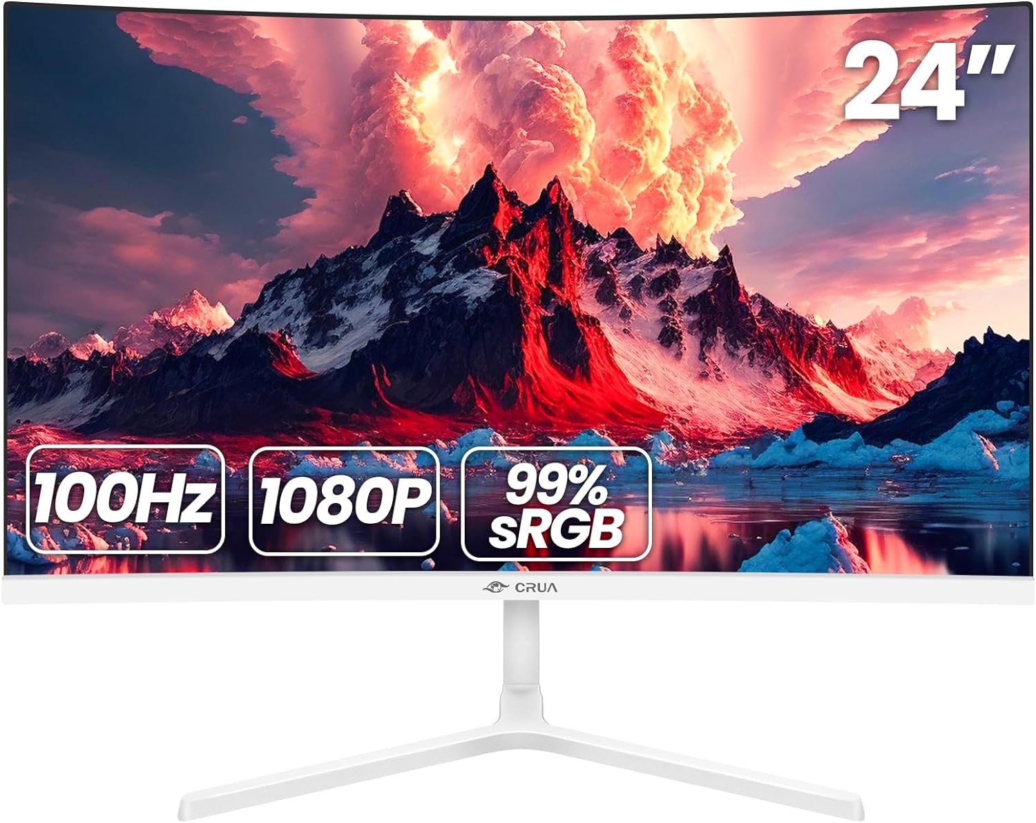 CRUA 24 Inch Curved Monitor, FHD(1920×1080P) 100HZ 99% sRGB Computer Monitors, Narrow Bezels on Three Sides, Blue Light Filter PC Monitor for Home, Office and Dormitory(HDMI, VGA)-White