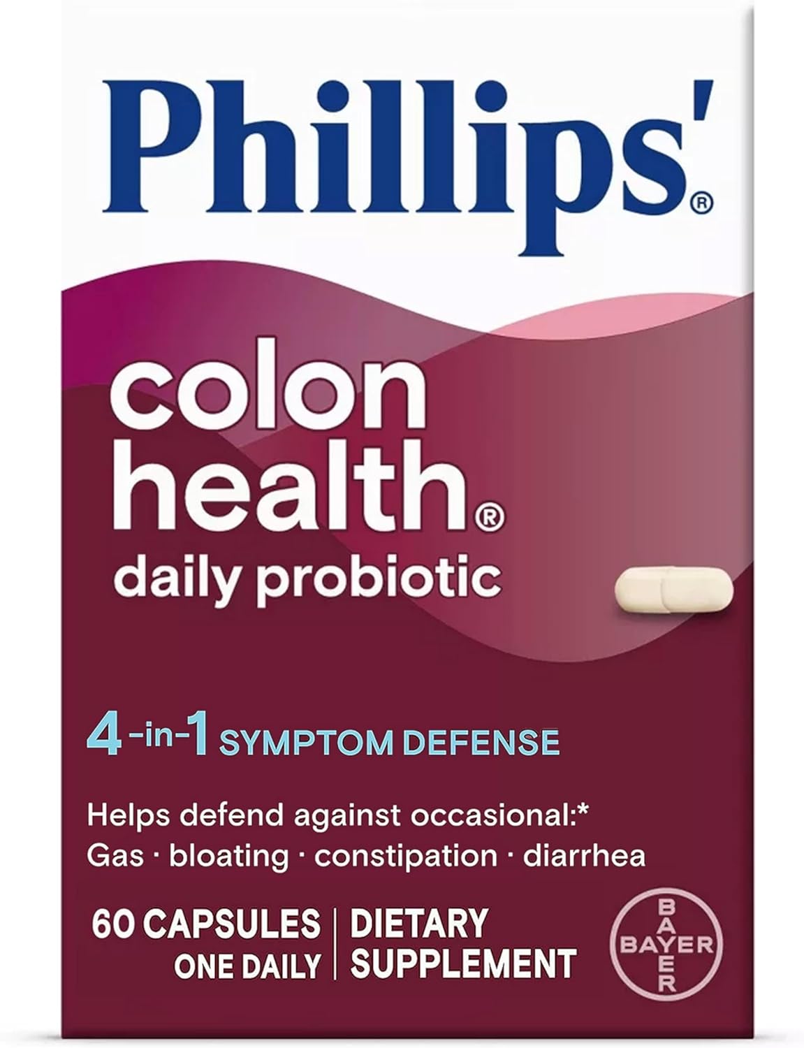 Phillips’ Colon Health Daily Probiotic Capsules, 4-in-1 Symptom Defense to help defend against Occasional Gas, Bloating, Constipation, and Diarrhea, Daily Supplement, 60 Count