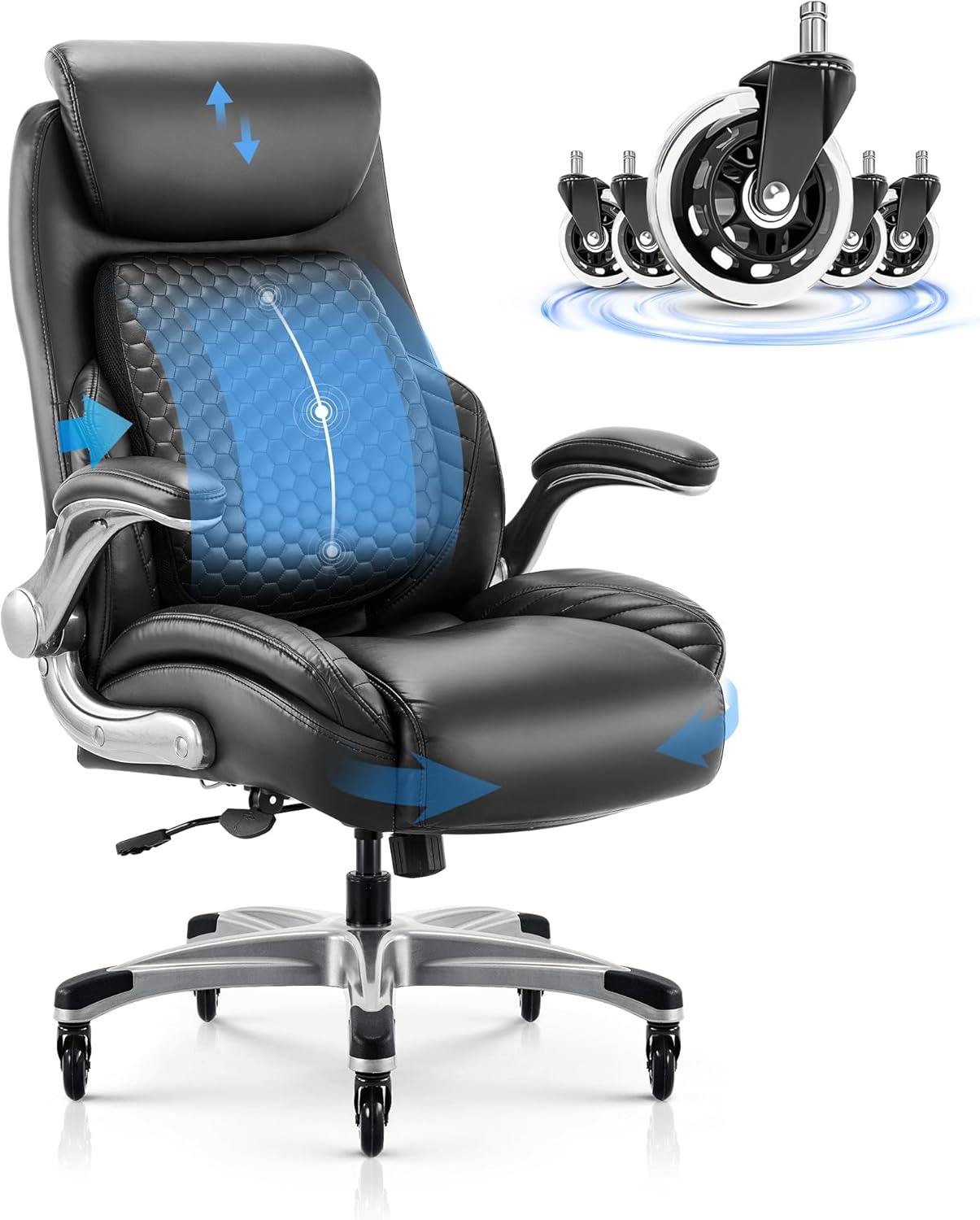 Office Chair Ergonomic Desk Chair with Pop-Out Lumbar Support, High Back Executive Chair, Upgraded Casters, Adjustable Headrest, Flip-Up Arms, Leather Home Chair with Thick Cushion for Comfort-Black