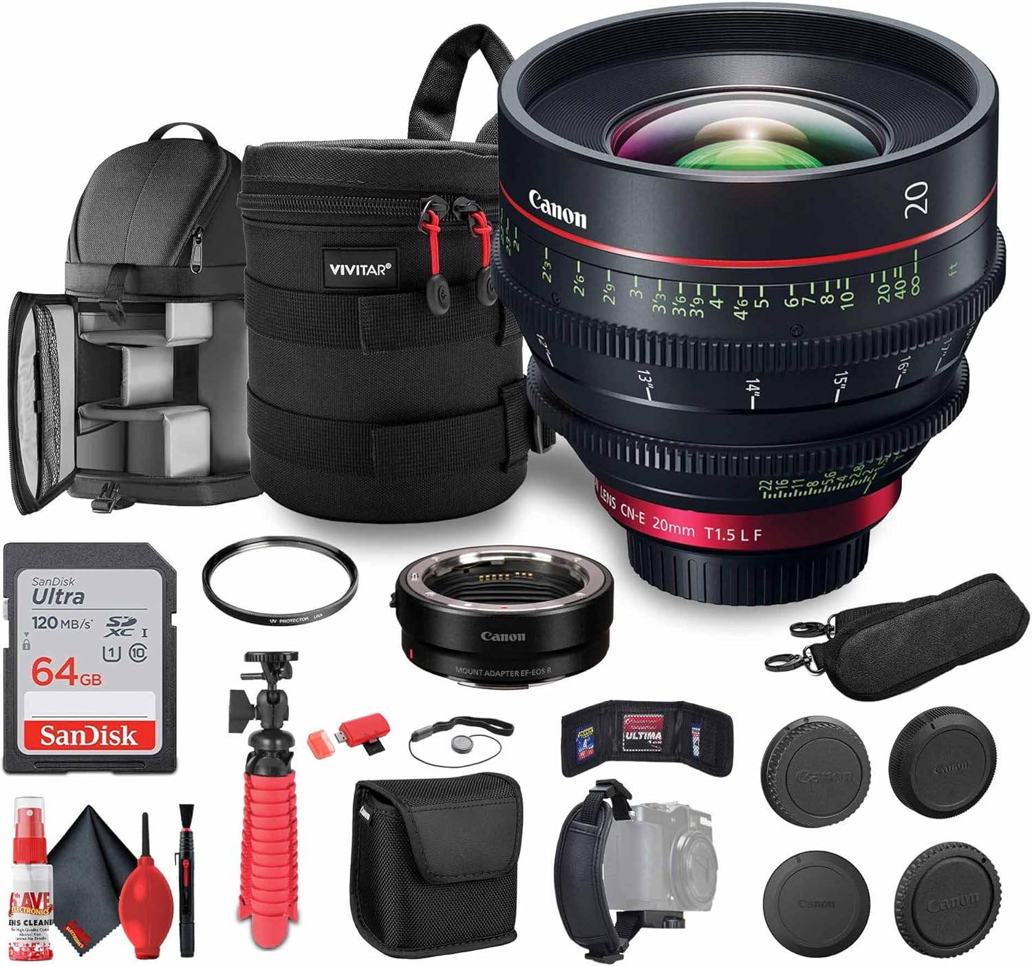 Canon CN-E 20mm T1.5 L F Cinema Lens (EF Mount) (3174C002) + Mount Adapter EF-EOS R + 64GB Ultra Memory Card + Padded Lens Case + UV Filter + Backpack + Flexible Tripod + Cap Keeper + More (Renewed)